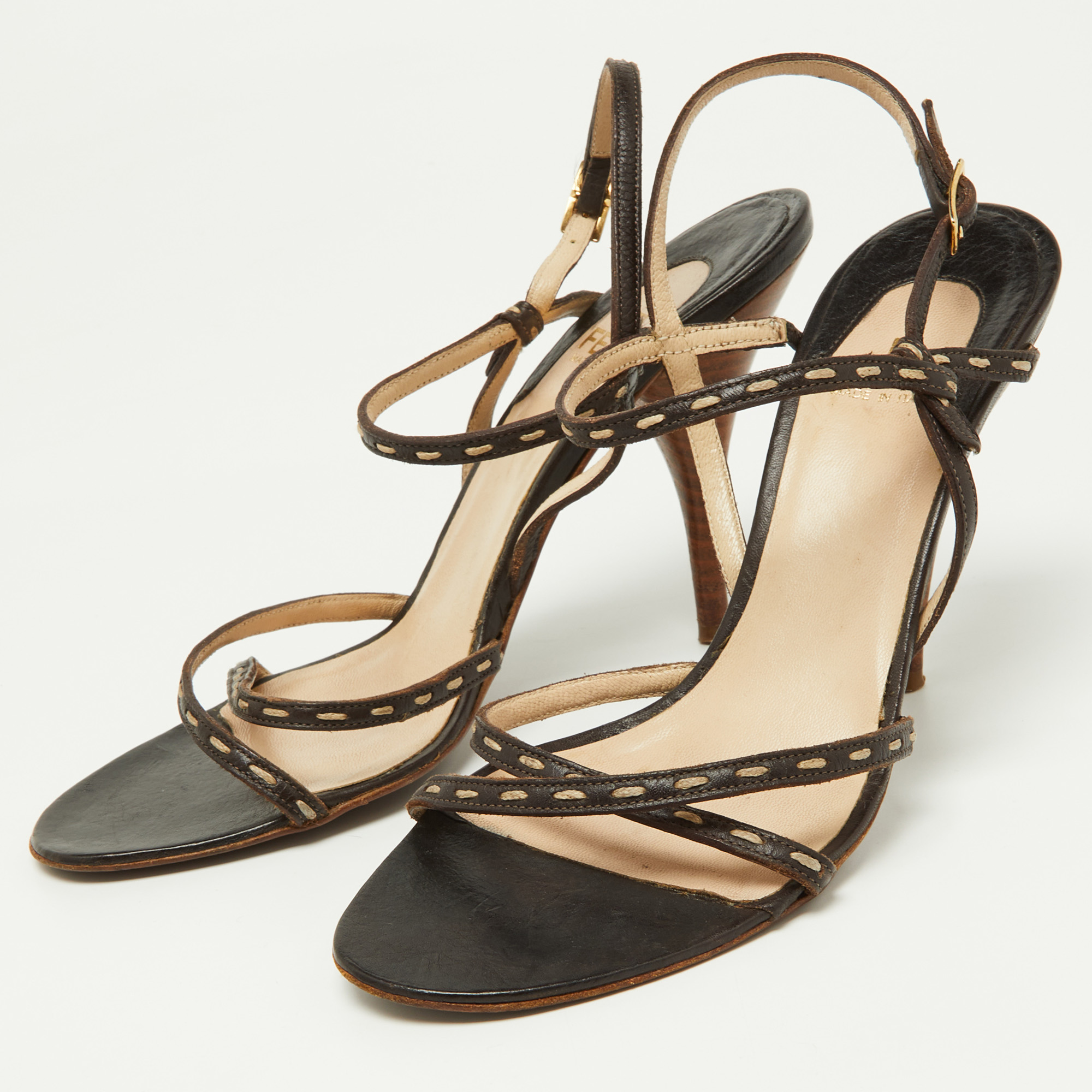 Fendi Dark Brown/Cream Stitch Leather Strappy Sandals Size 37.5