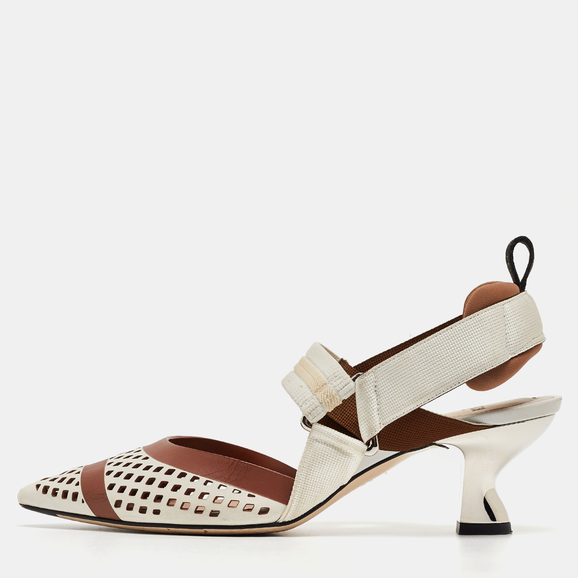 Fendi white/brown perforated leather and fabric colibri slingback pumps size 36