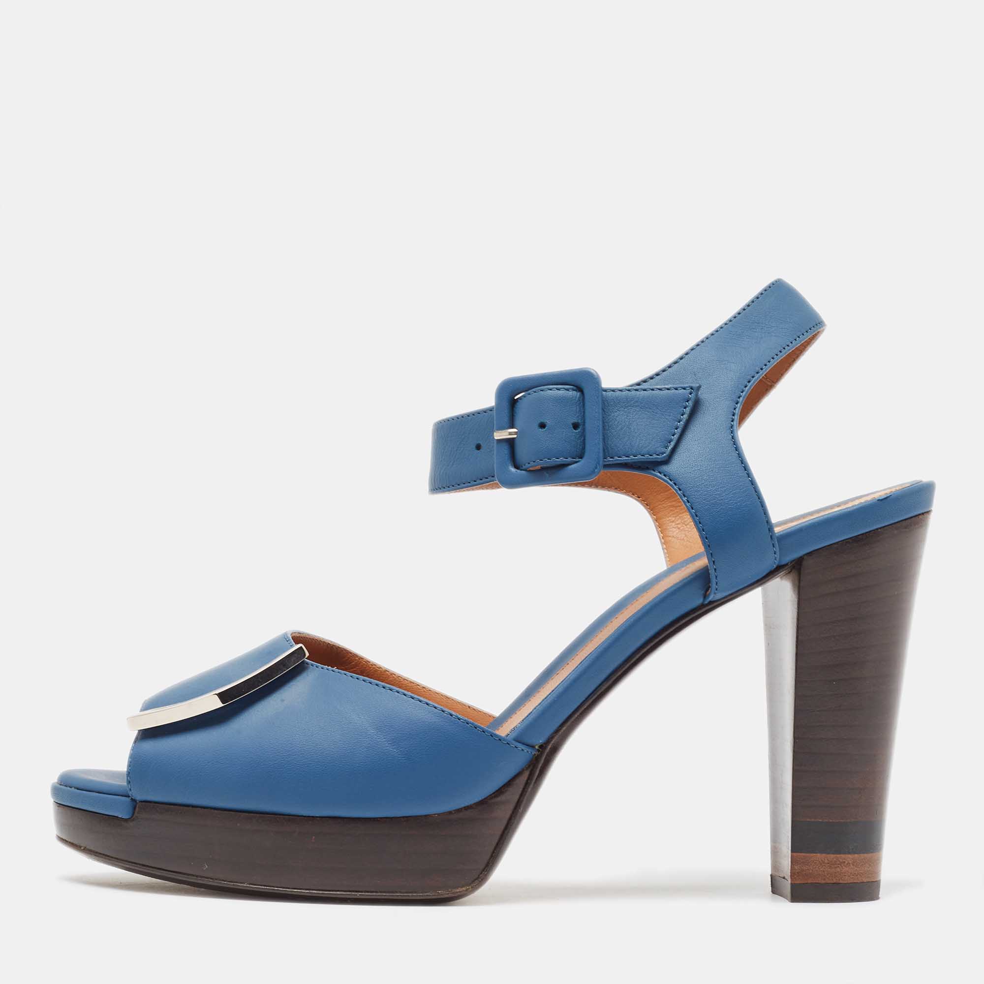 Fendi blue leather metal logo open-toe ankle-strap platform sandals size 39