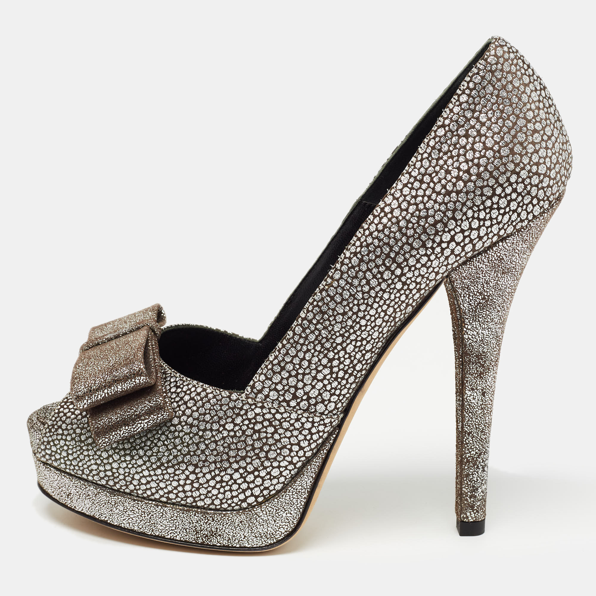 Fendi silver/grey brocade fabric and suede bow open toe platform pumps size 40