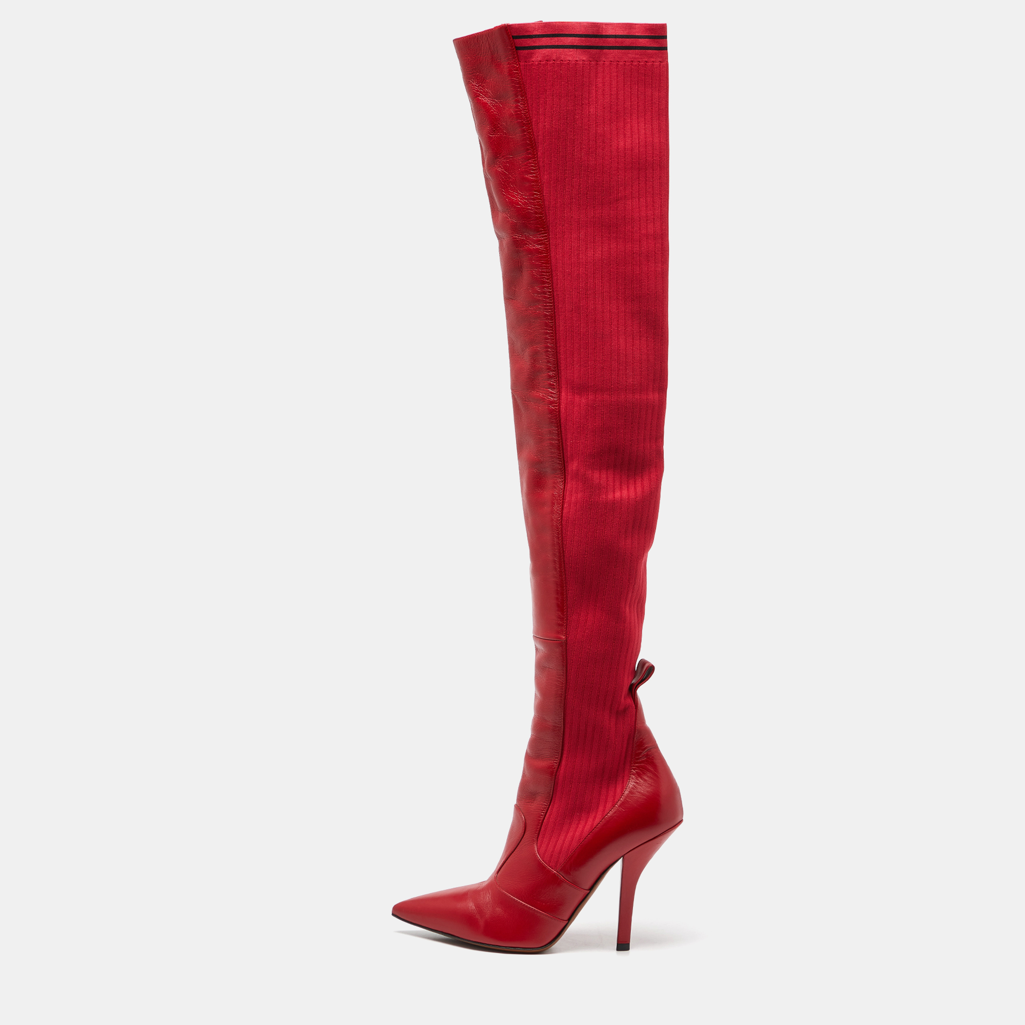 Fendi red leather and fabric rockoko over the knee length pointed toe boots size 40