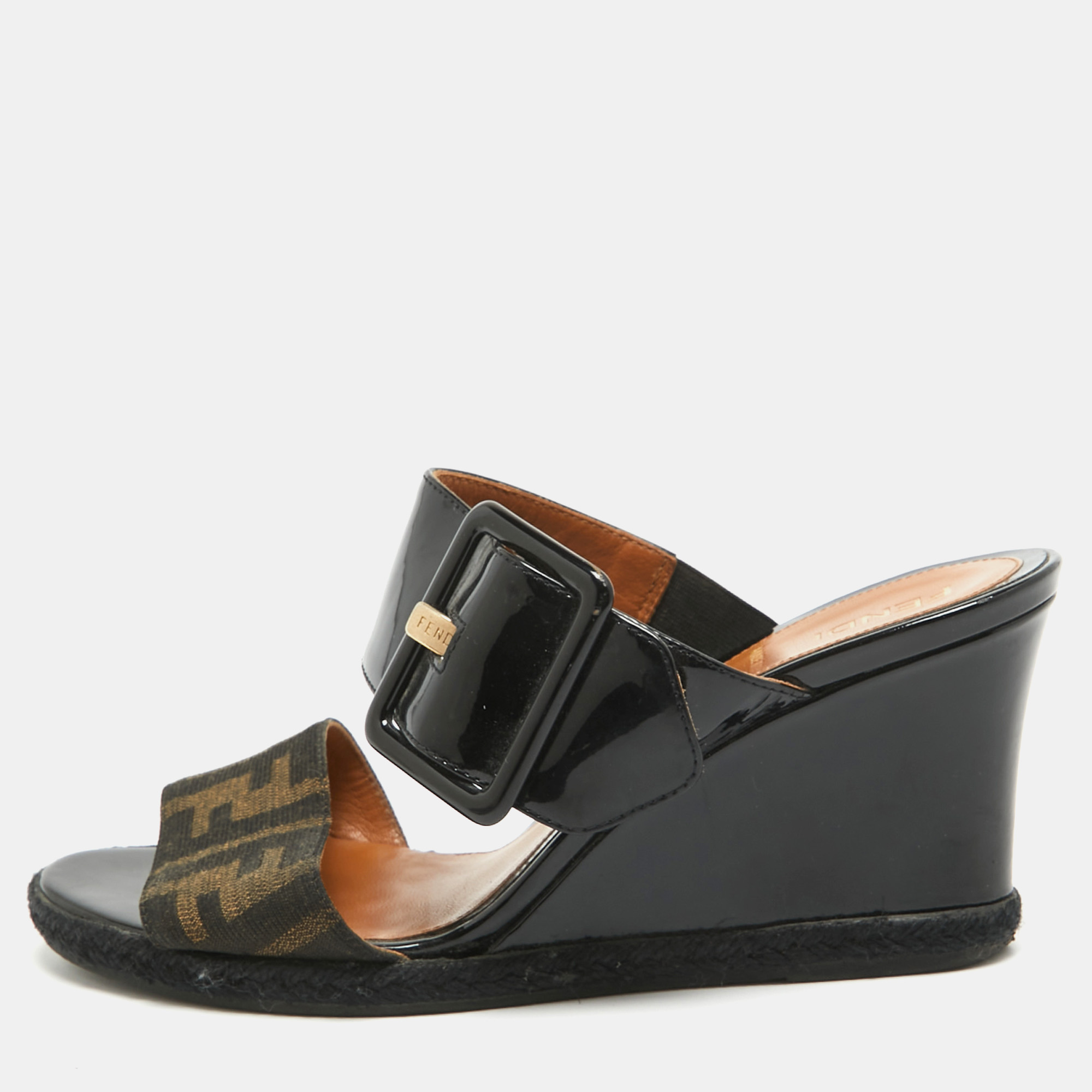 Fendi brown/black zucca canvas and patent leather wedge sandals size 35
