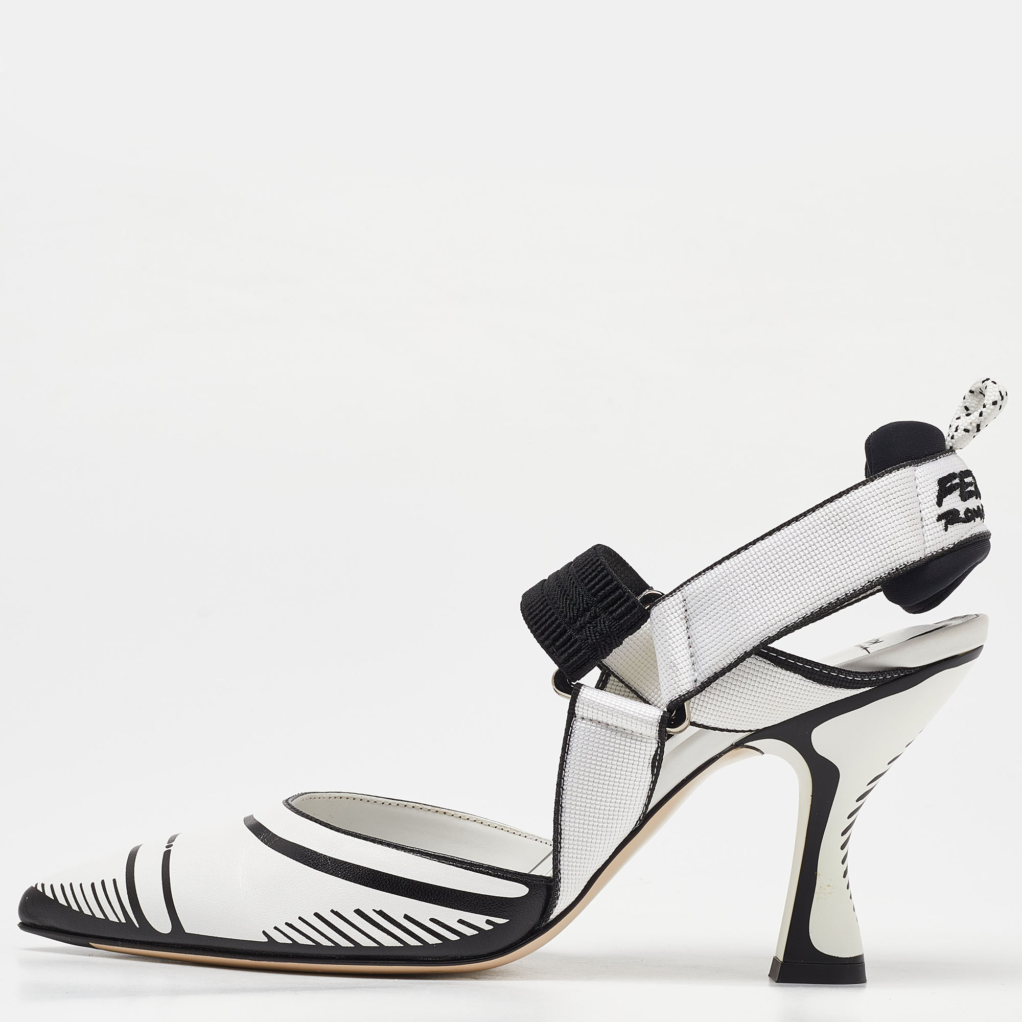 Fendi white/black leather and canvas colibri ankle strap sandals size 38
