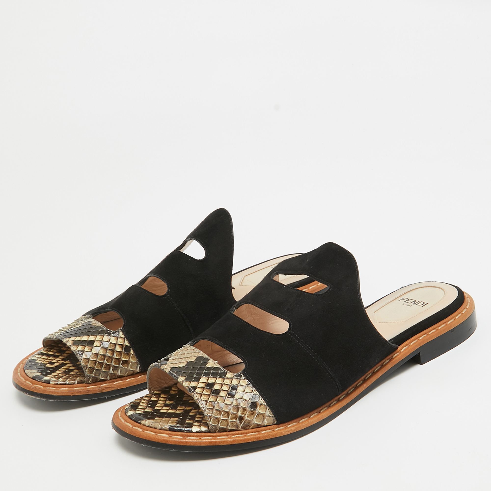 Fendi Black Suede And Python Cut Out Flat Slides Size 36