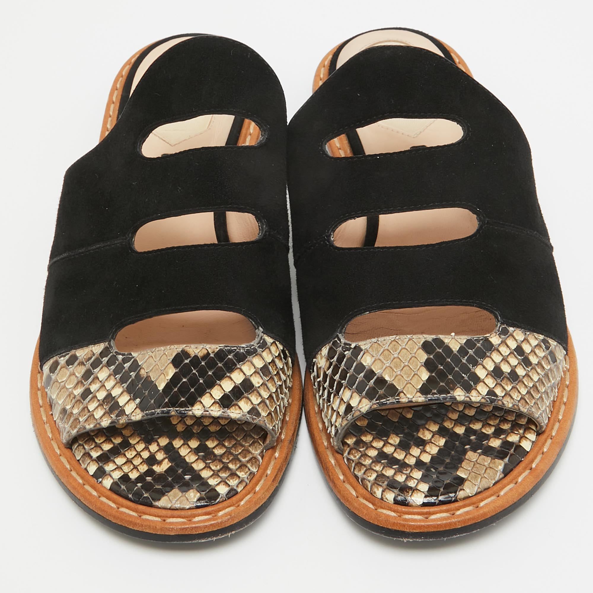 Fendi Black Suede And Python Cut Out Flat Slides Size 36