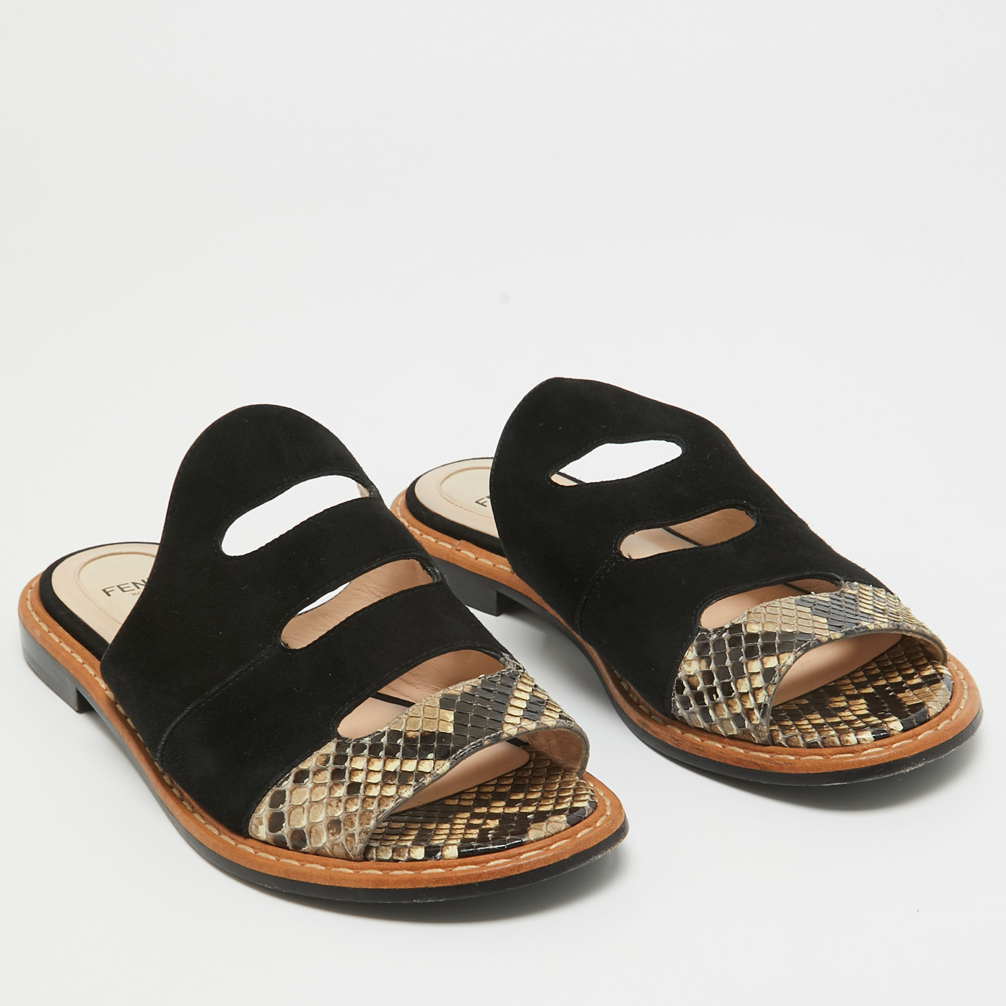 Fendi Black Suede And Python Cut Out Flat Slides Size 36