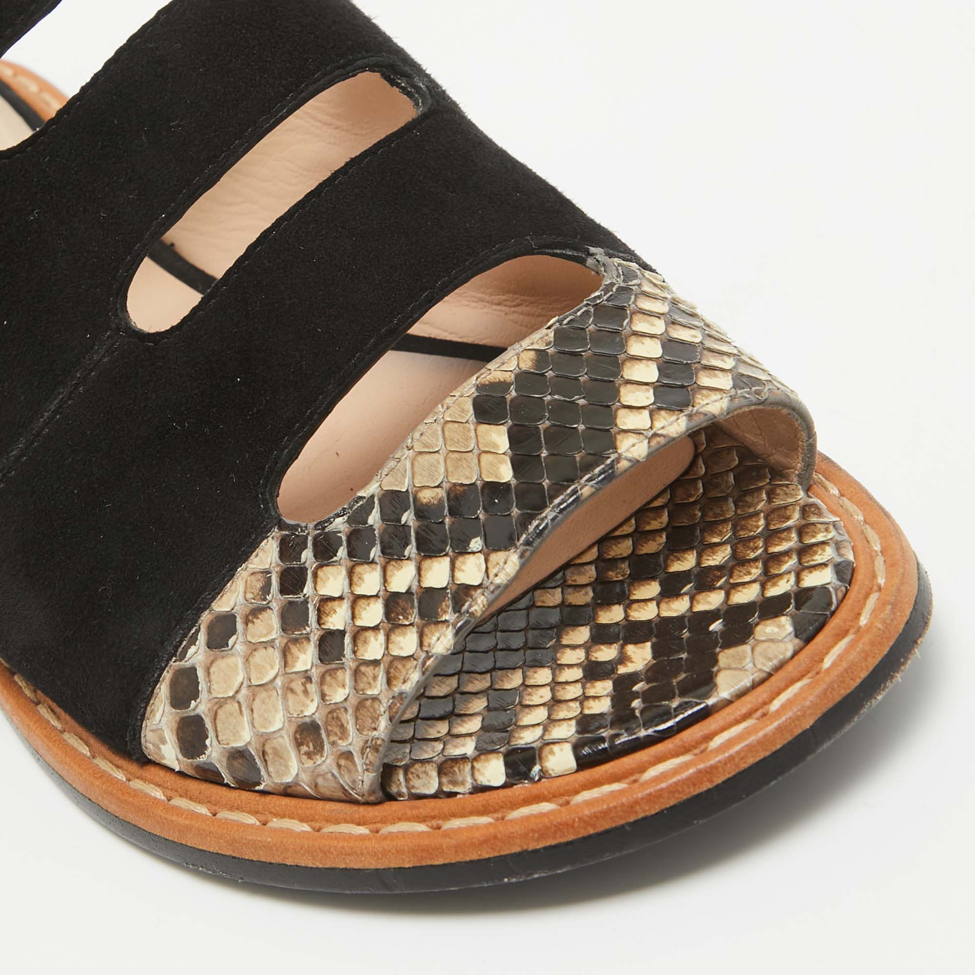 Fendi Black Suede And Python Cut Out Flat Slides Size 36