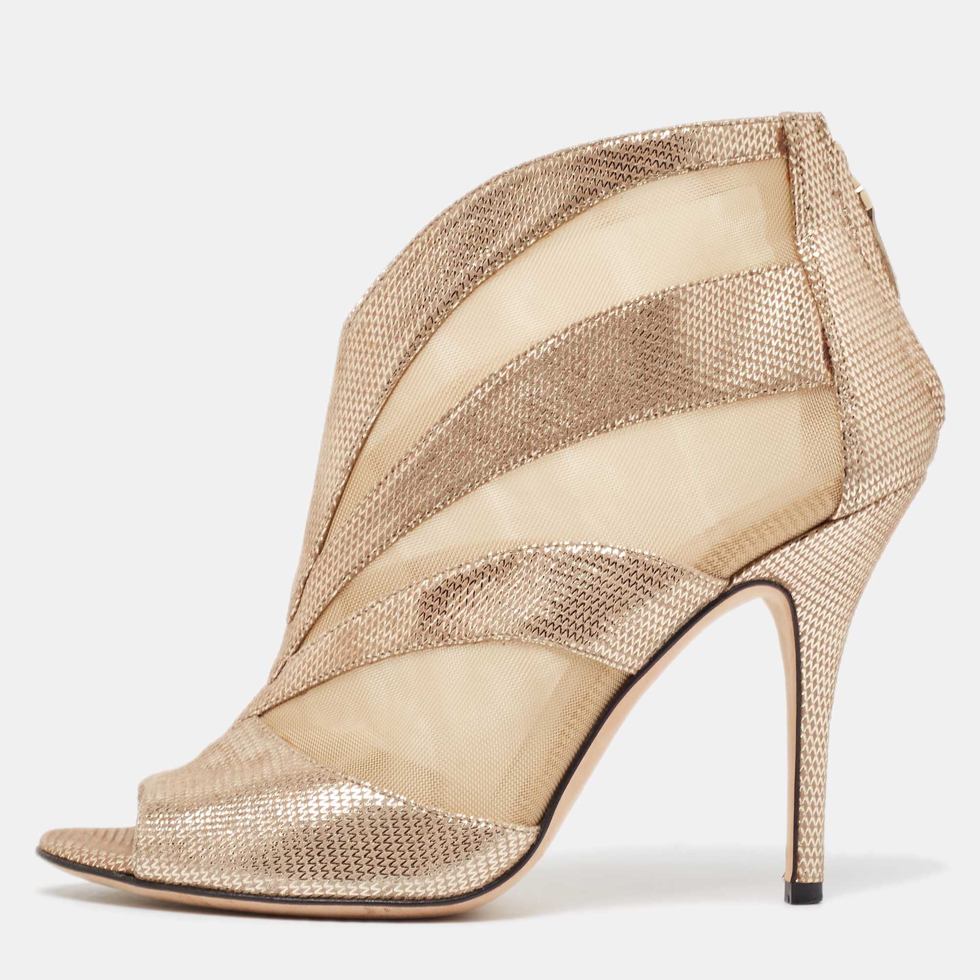 

Fendi Metallic/Beige Laminated Suede and Mesh Open Toe Ankle Booties Size