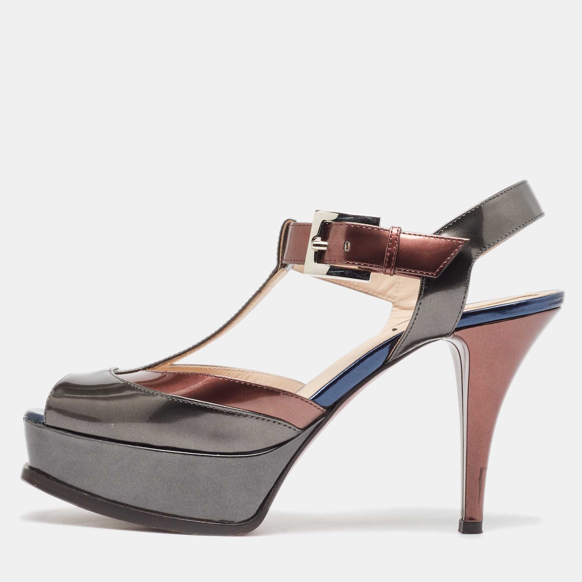 Fendi tricolor metallic leather platform t-bar ankle strap sandals size 39