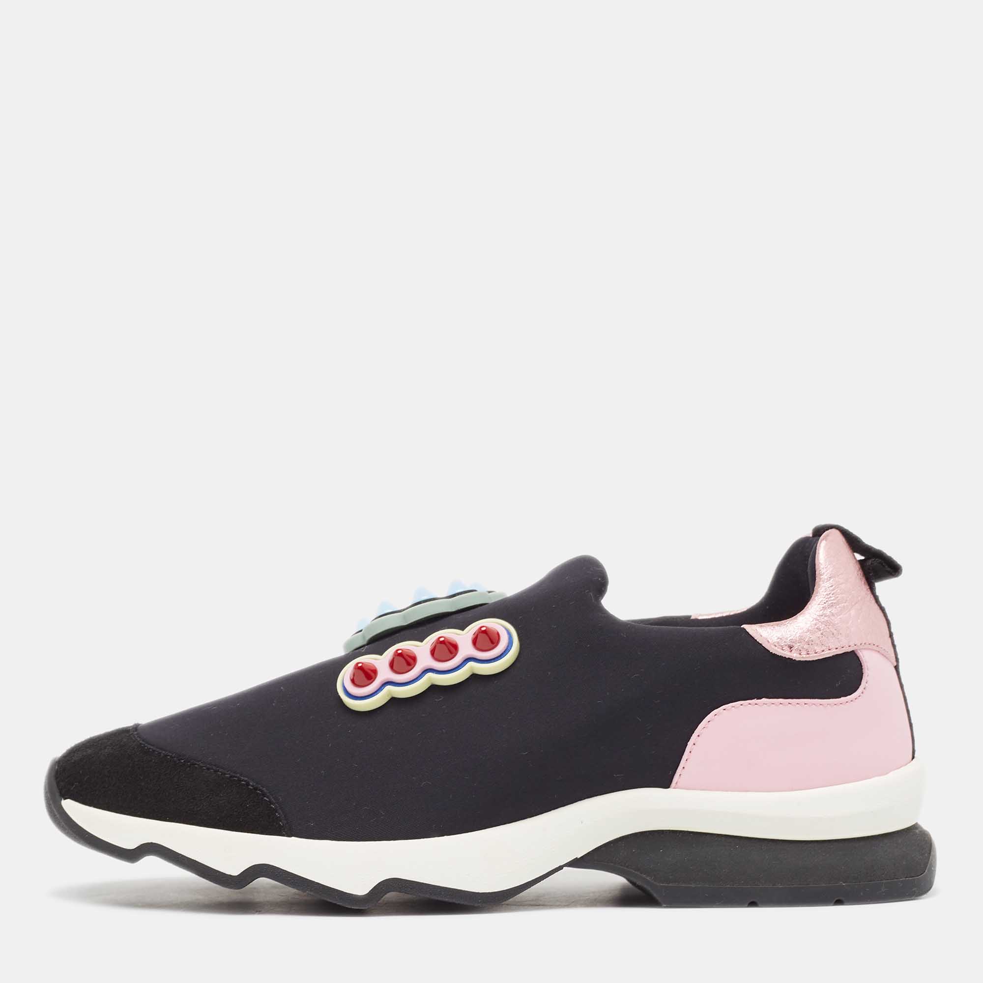 Fendi black/pink fabric and suede fun fair logo slip on sneakers size 36