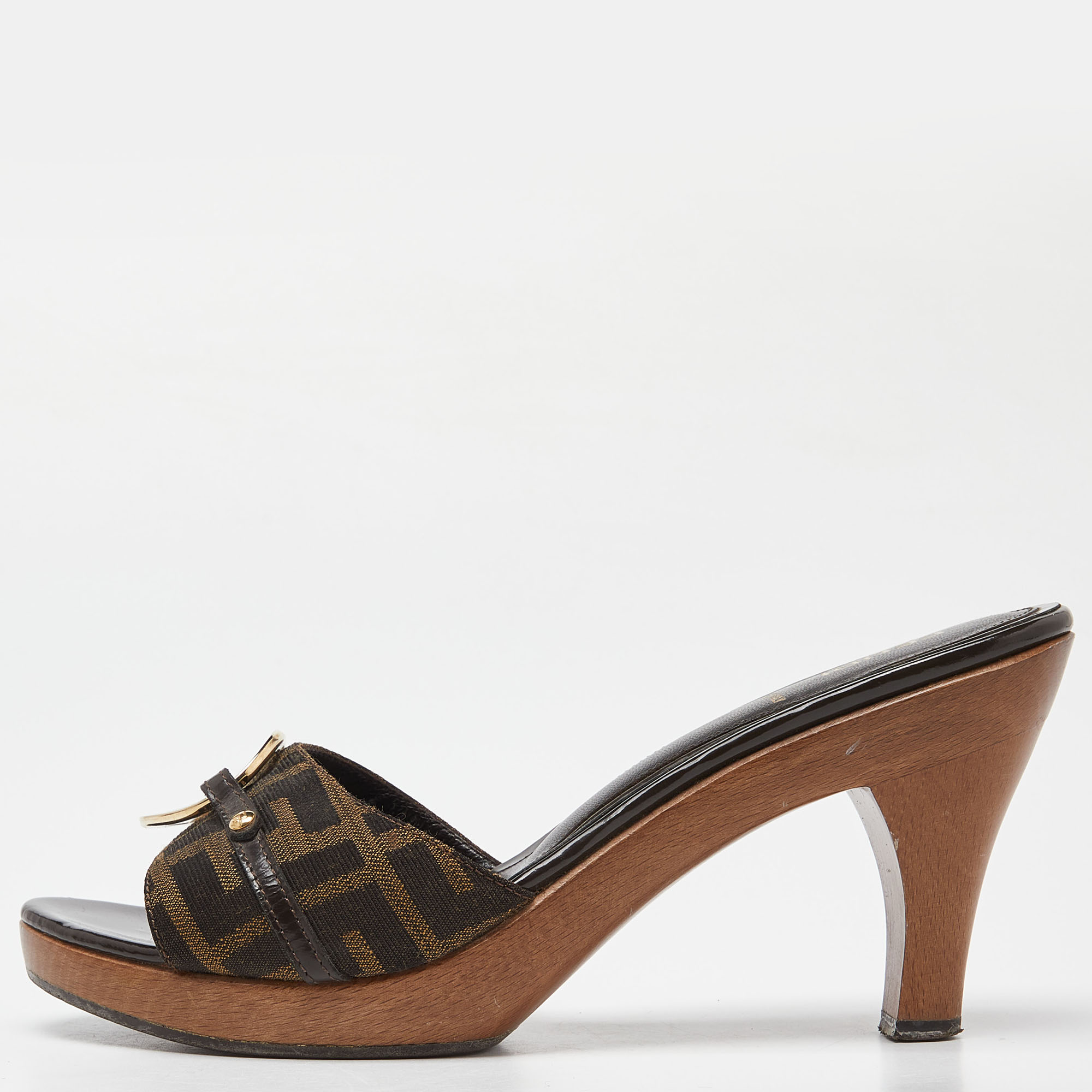 Fendi brown zucca canvas and leather platform open toe slide sandals size 38