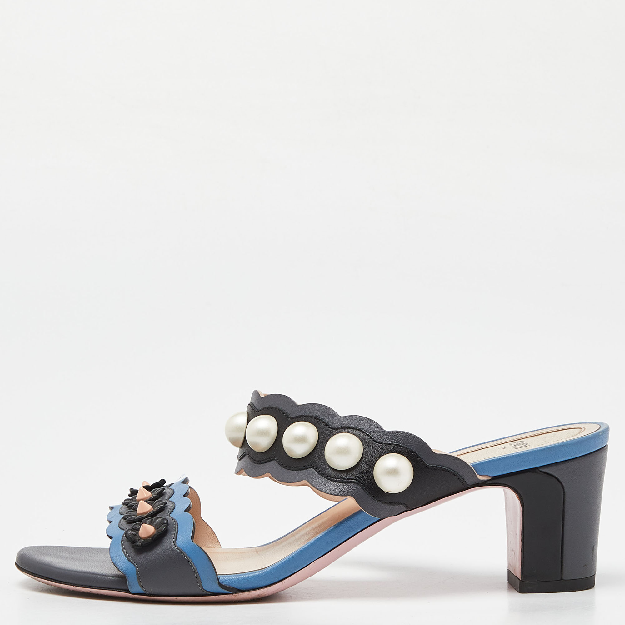 Fendi grey/blue leather faux pearl embellished slide sandals size 38.5