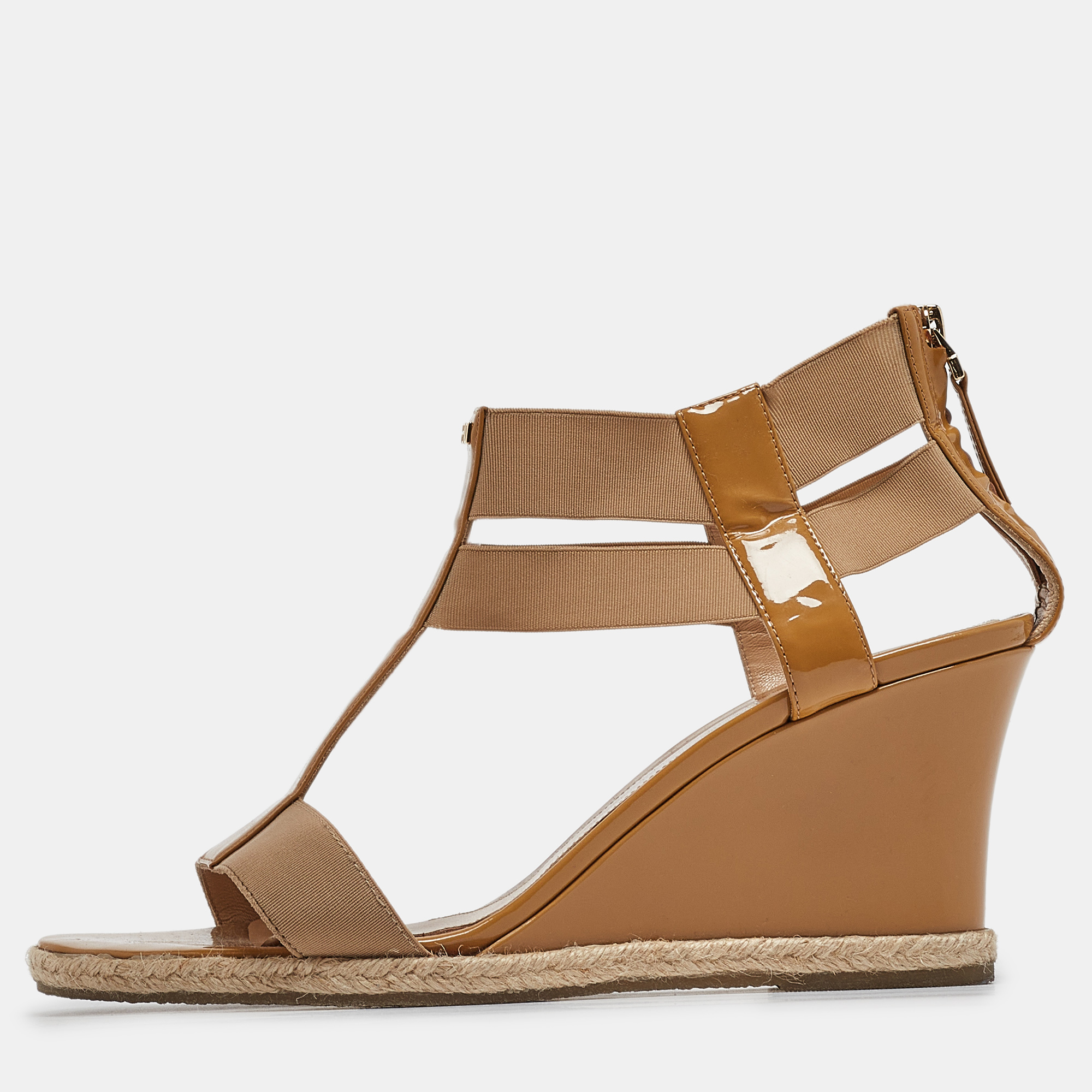Fendi brown patent elastic wedge sandals size 39
