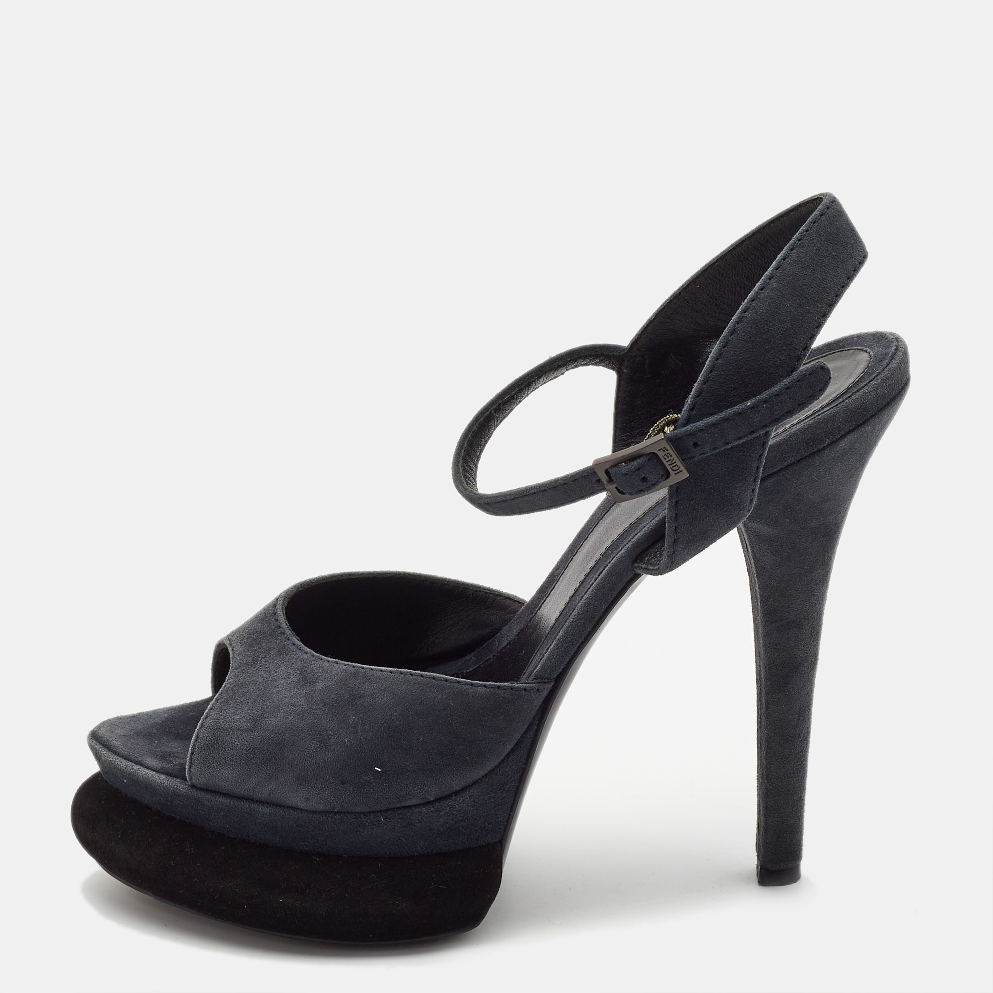Fendi navy blue suede platform ankle strap sandals size 38