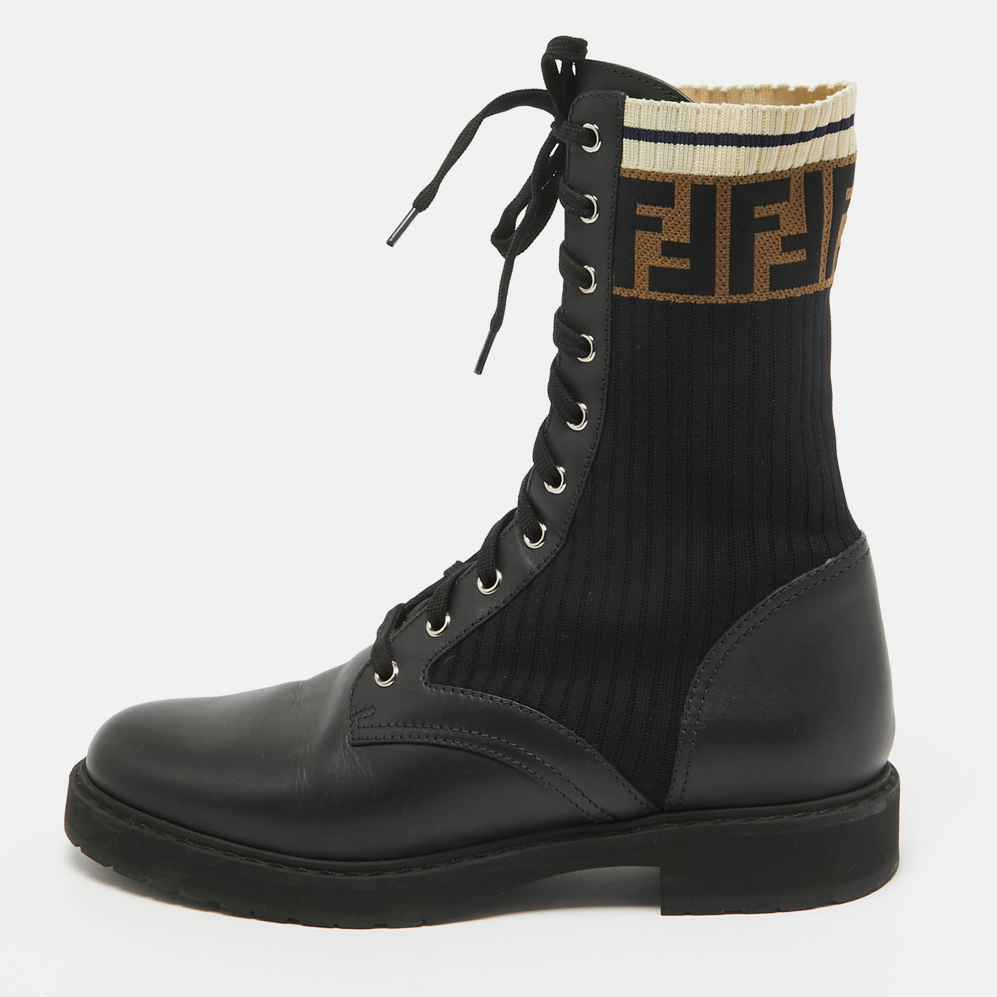 Fendi black leather and zucca stretch fabric rockoko combat boots size 41