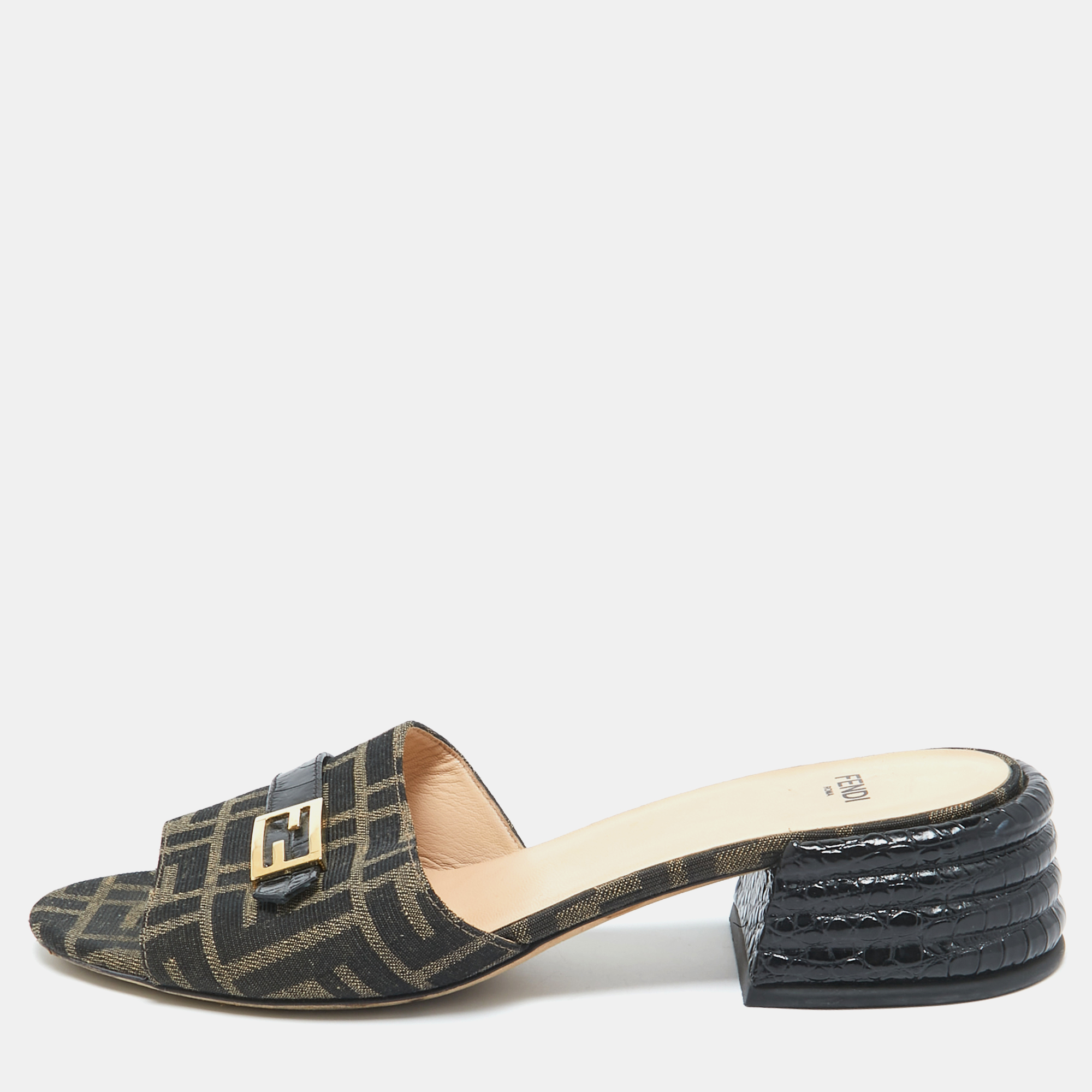 Fendi brown zucca canvas block heel slide sandals size 39.5