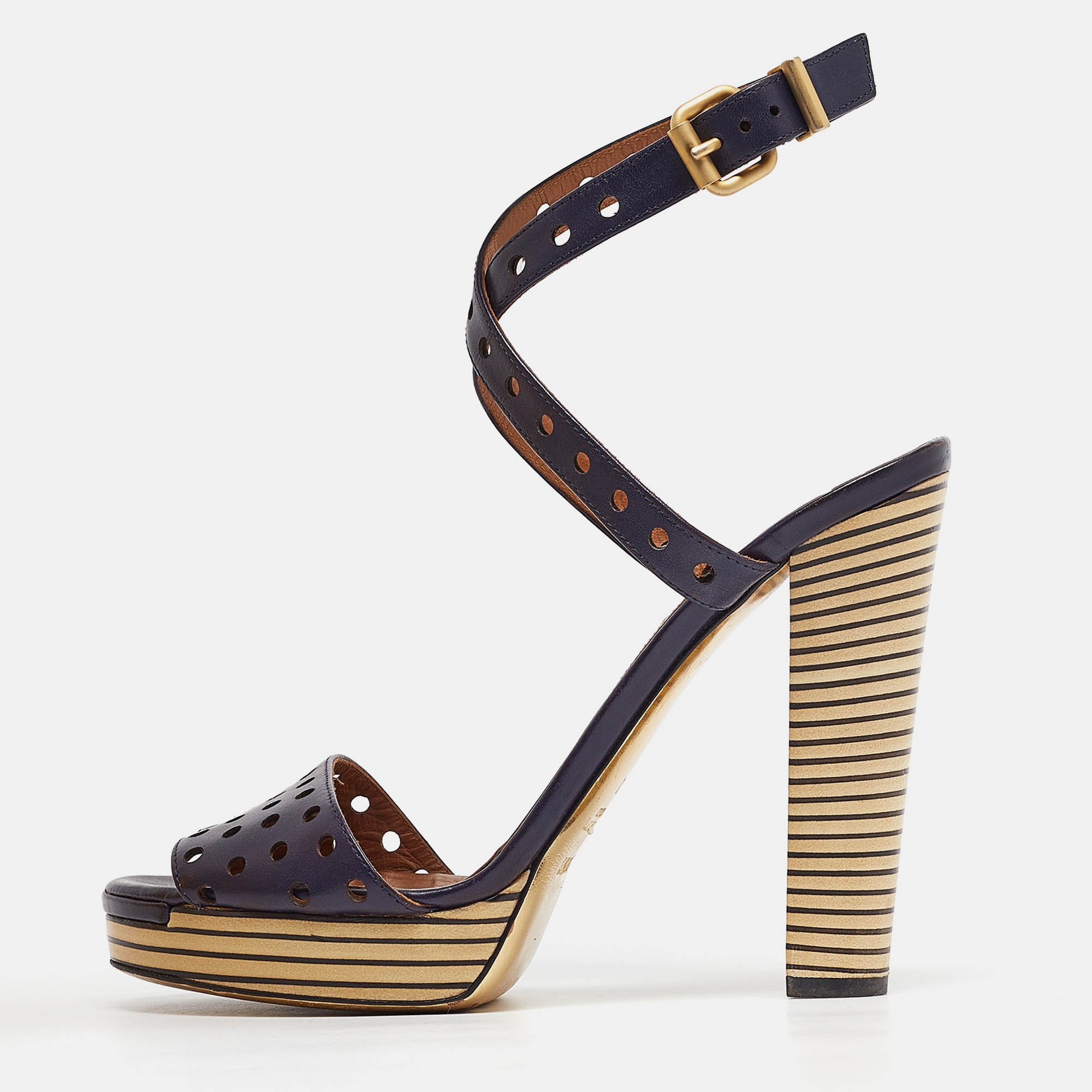 Fendi navy blue perforated leather ankle strap platform sandals size 40