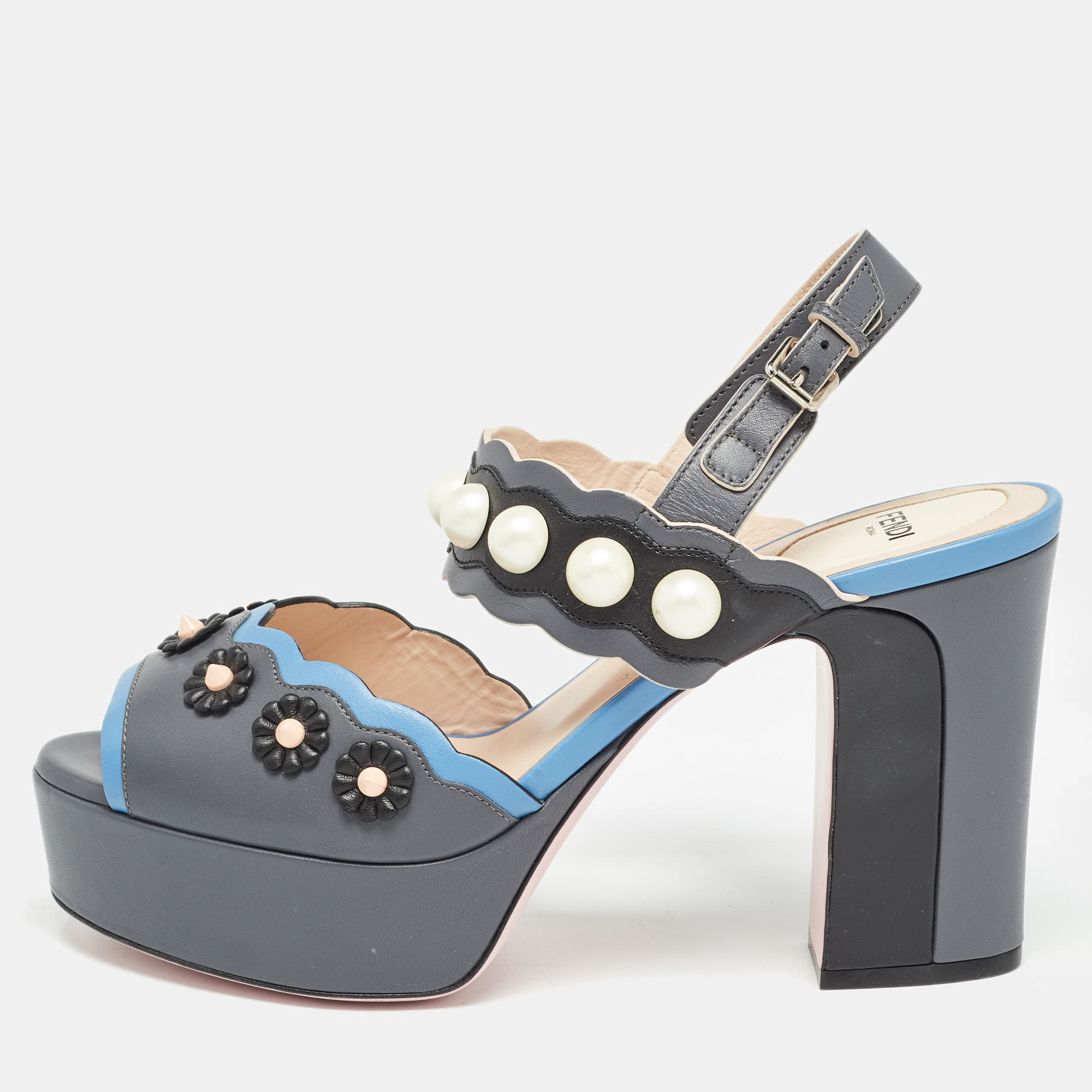 Fendi grey/blue leather faux pearl embellished platform sandals size 40