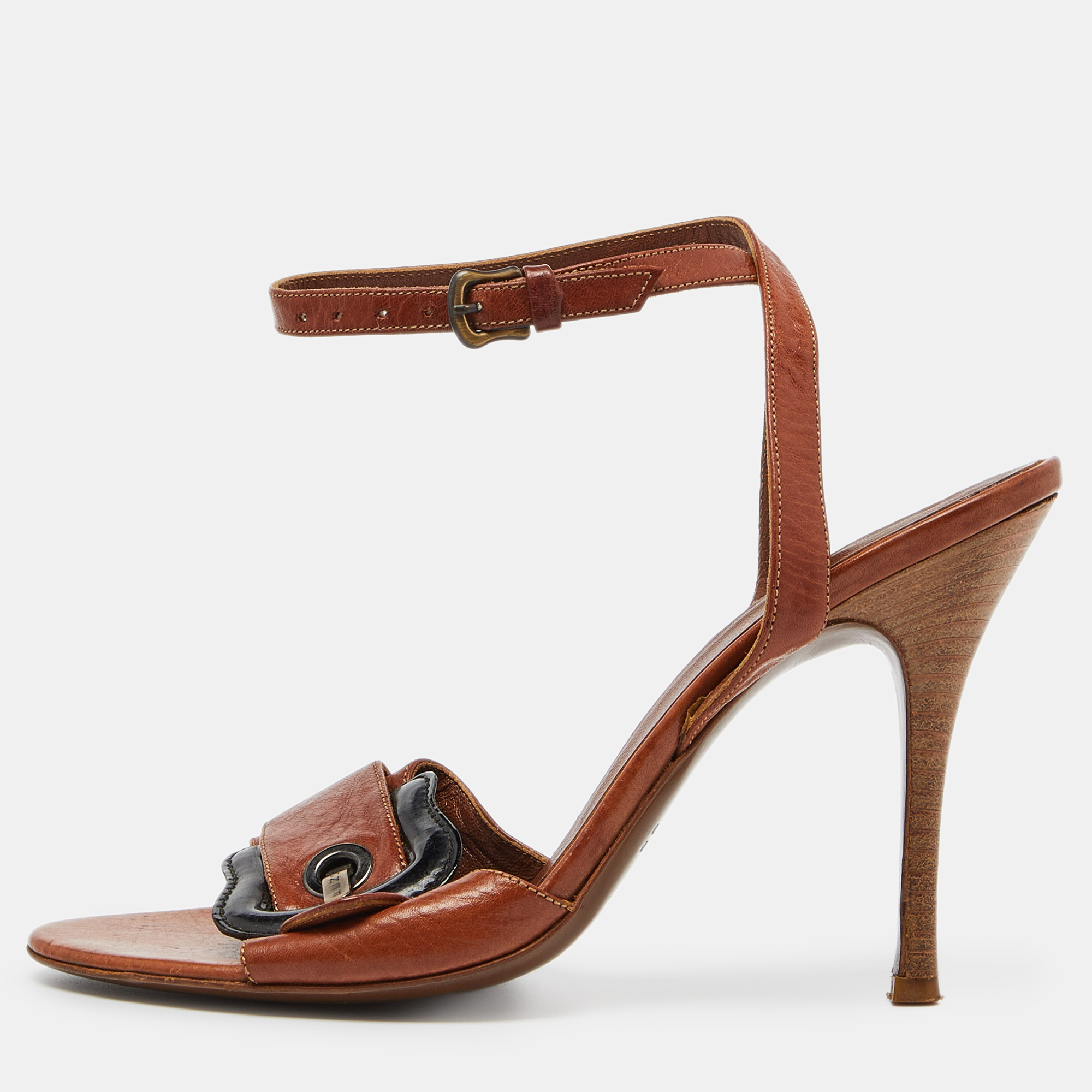 Fendi brown leather buckle detail ankle strap sandals size 37