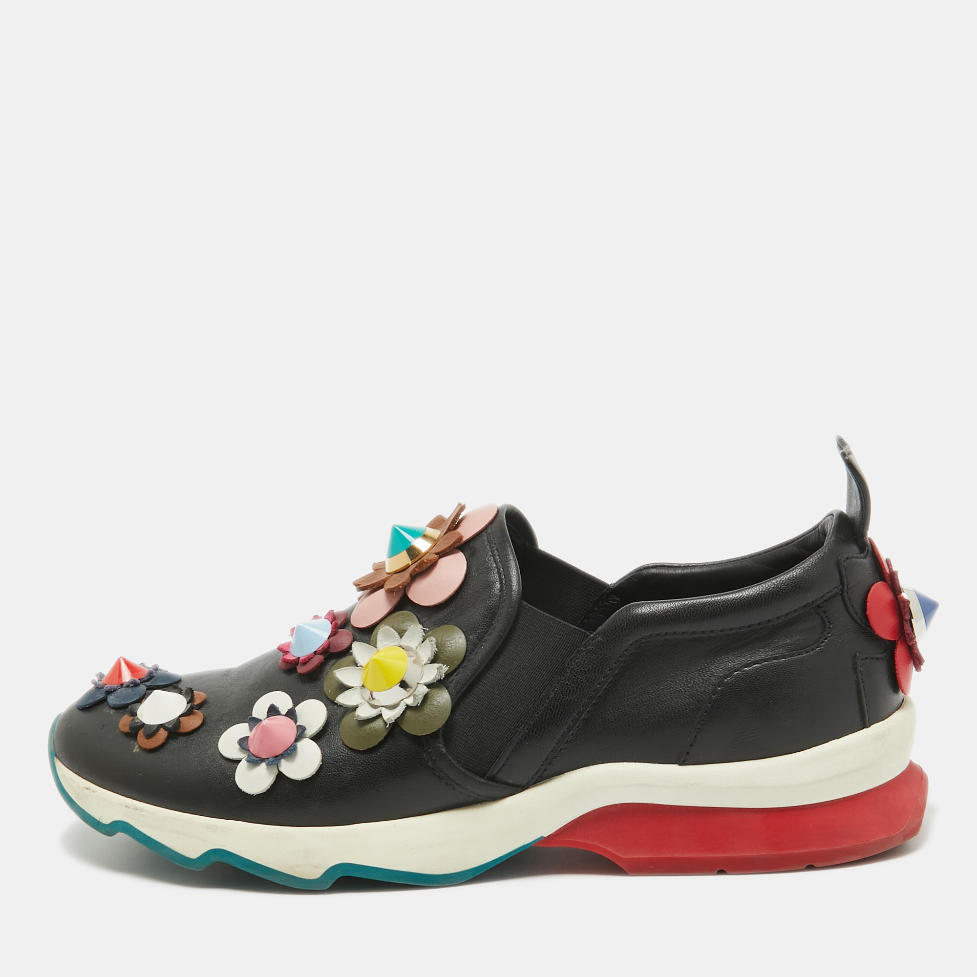 Fendi black leather flowerland slip on sneakers size 38