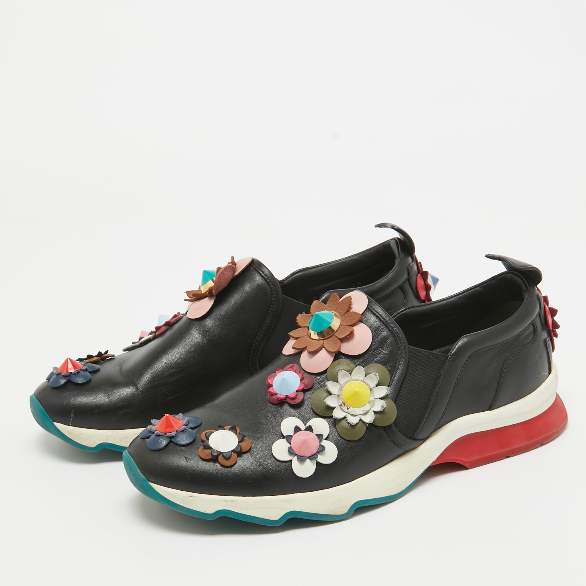 Fendi Black Leather Flowerland Slip On Sneakers Size 38