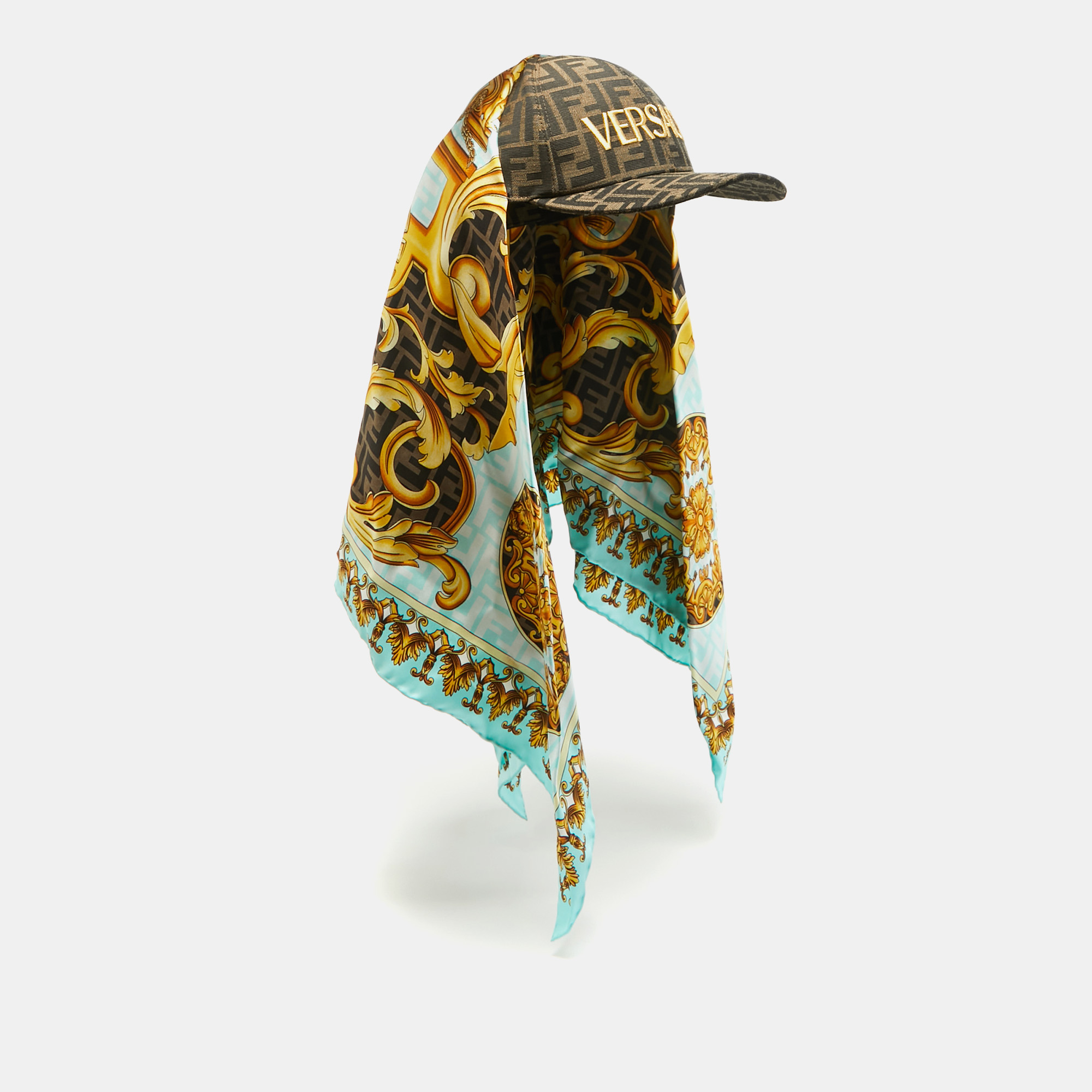 Fendi x versace brown baroque/foulard canvas and silk scarf baseball cap