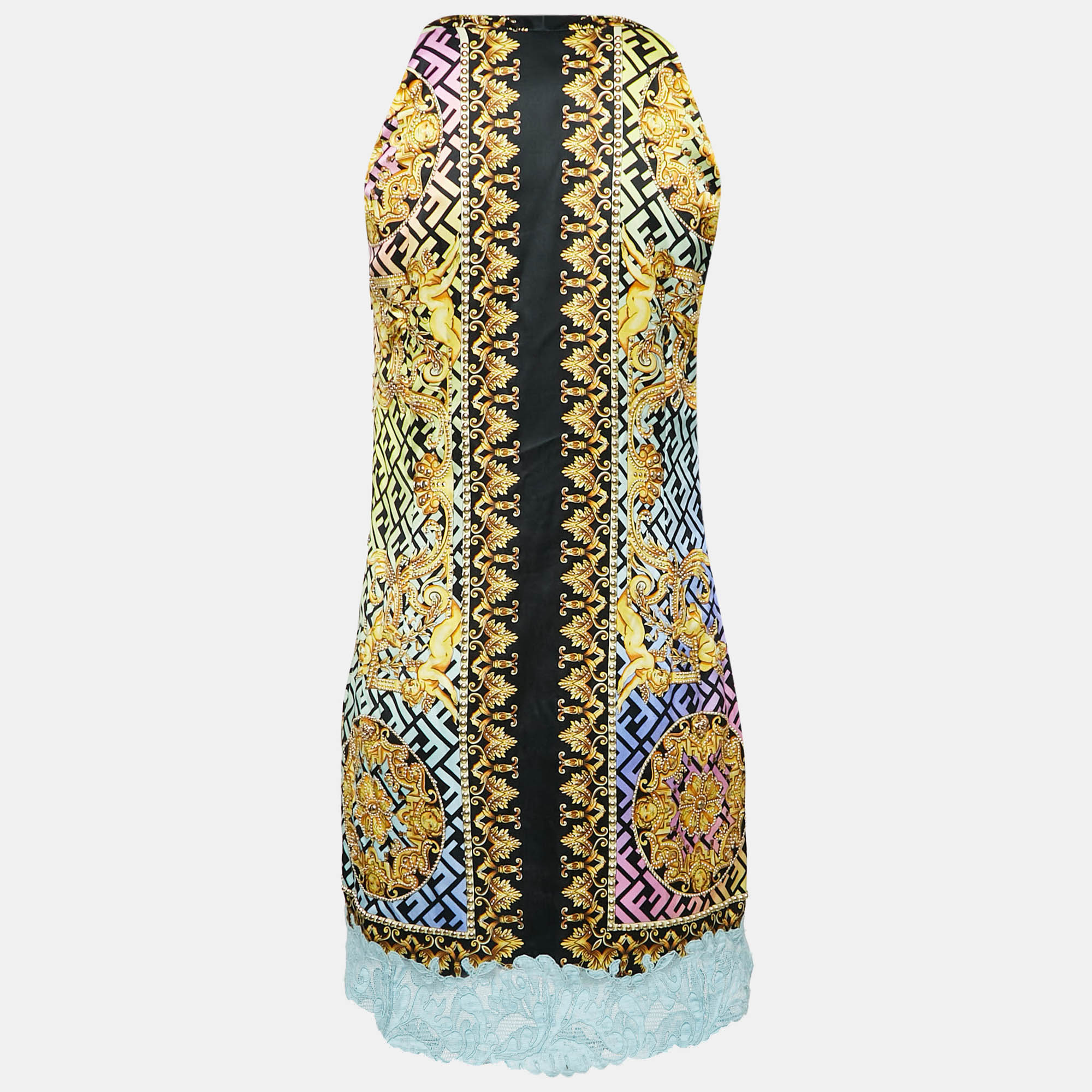 Fendace Black/Yellow Baroque Print Satin Studded Mini Cocktail Dress S