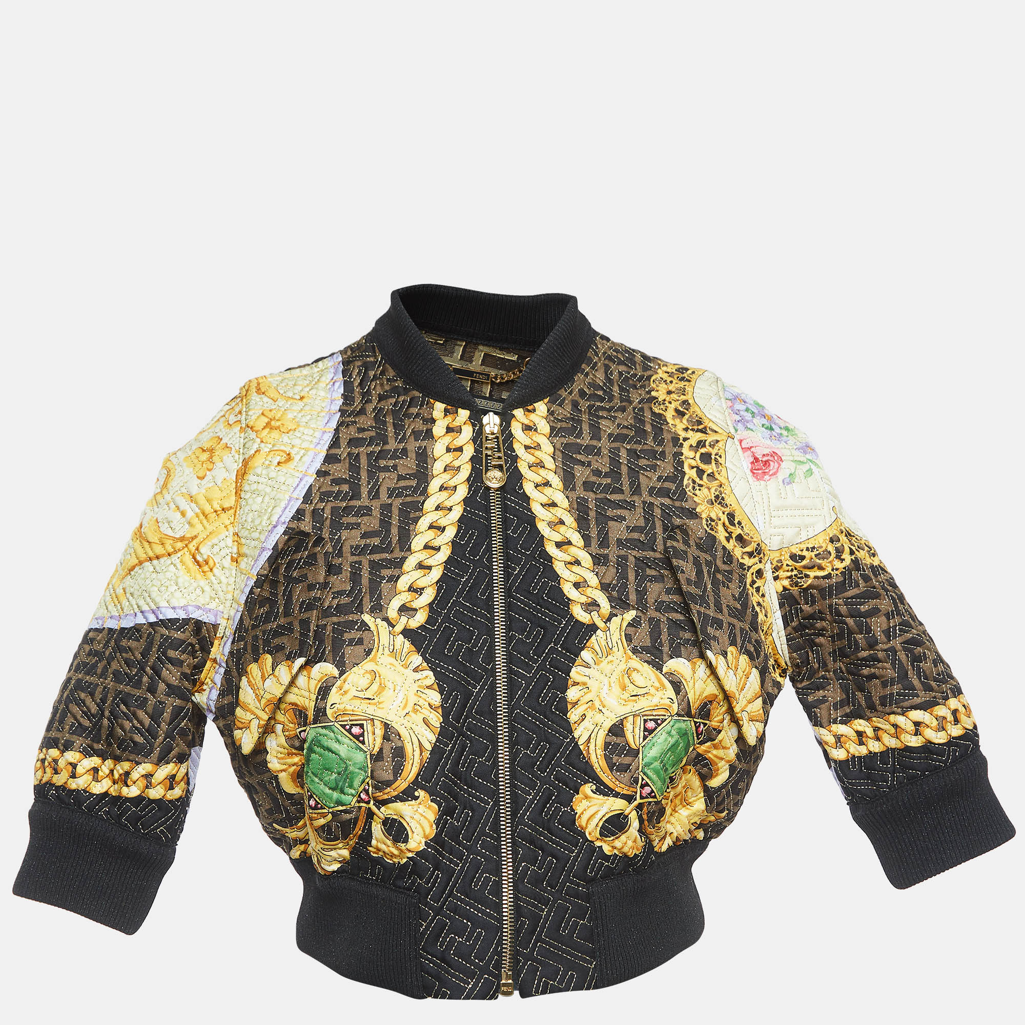 Fendi X Versace Brown/Multicolor FF Quilted Silk Cropped Jacket XS