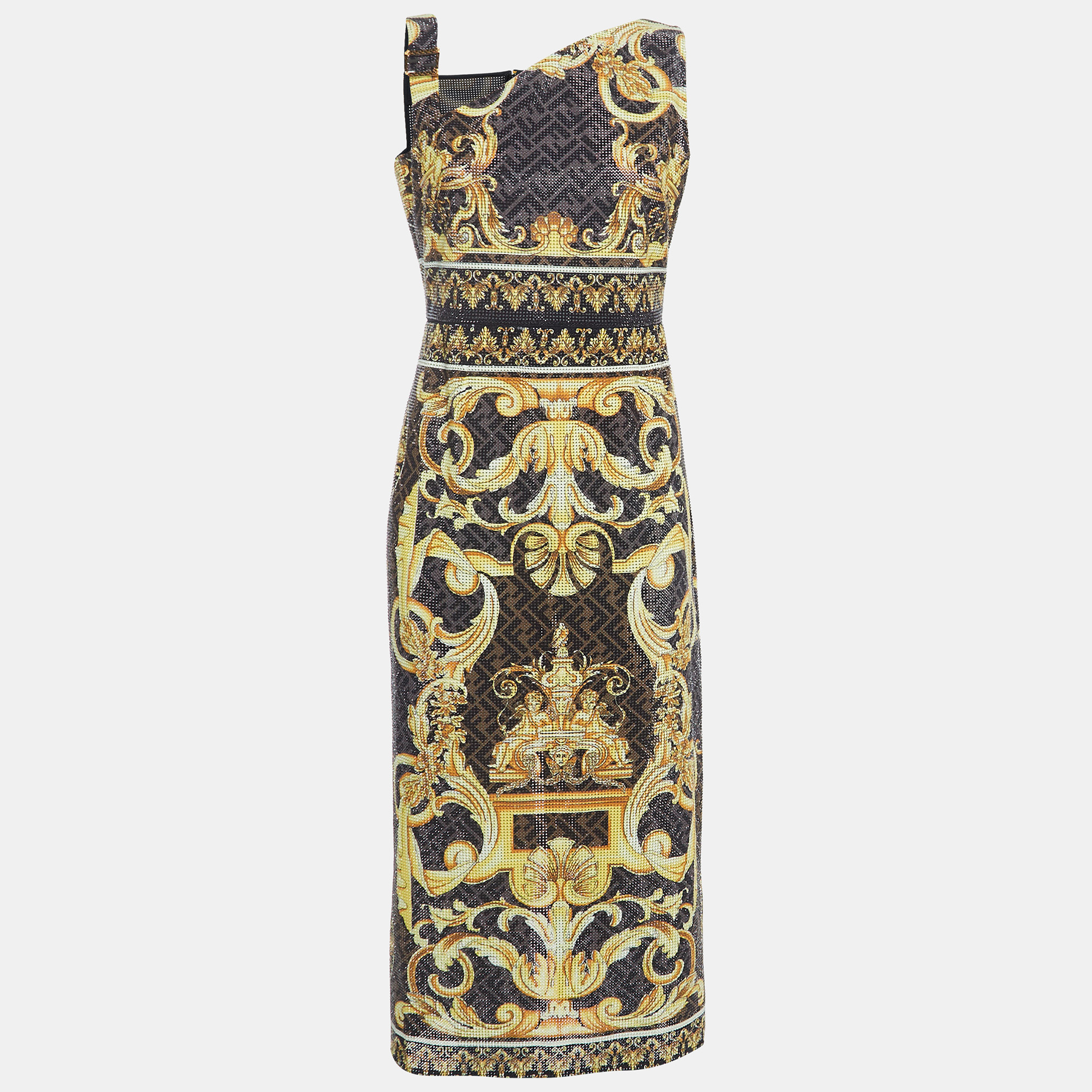 Fendi x versace brown zucca baroque printed crystal embellished dress m