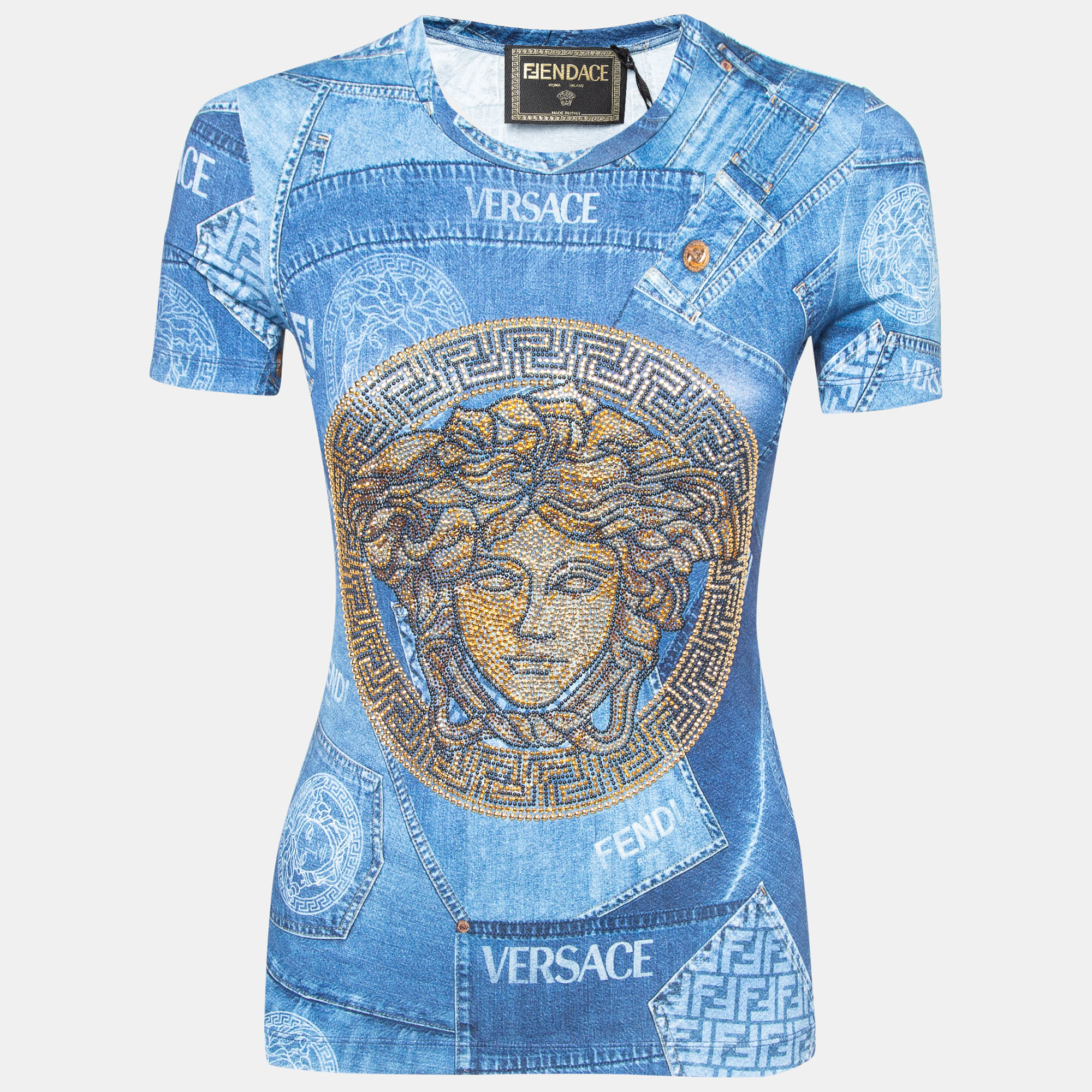 Fendi x versace blue denim print logo embellished jersey t-shirt m