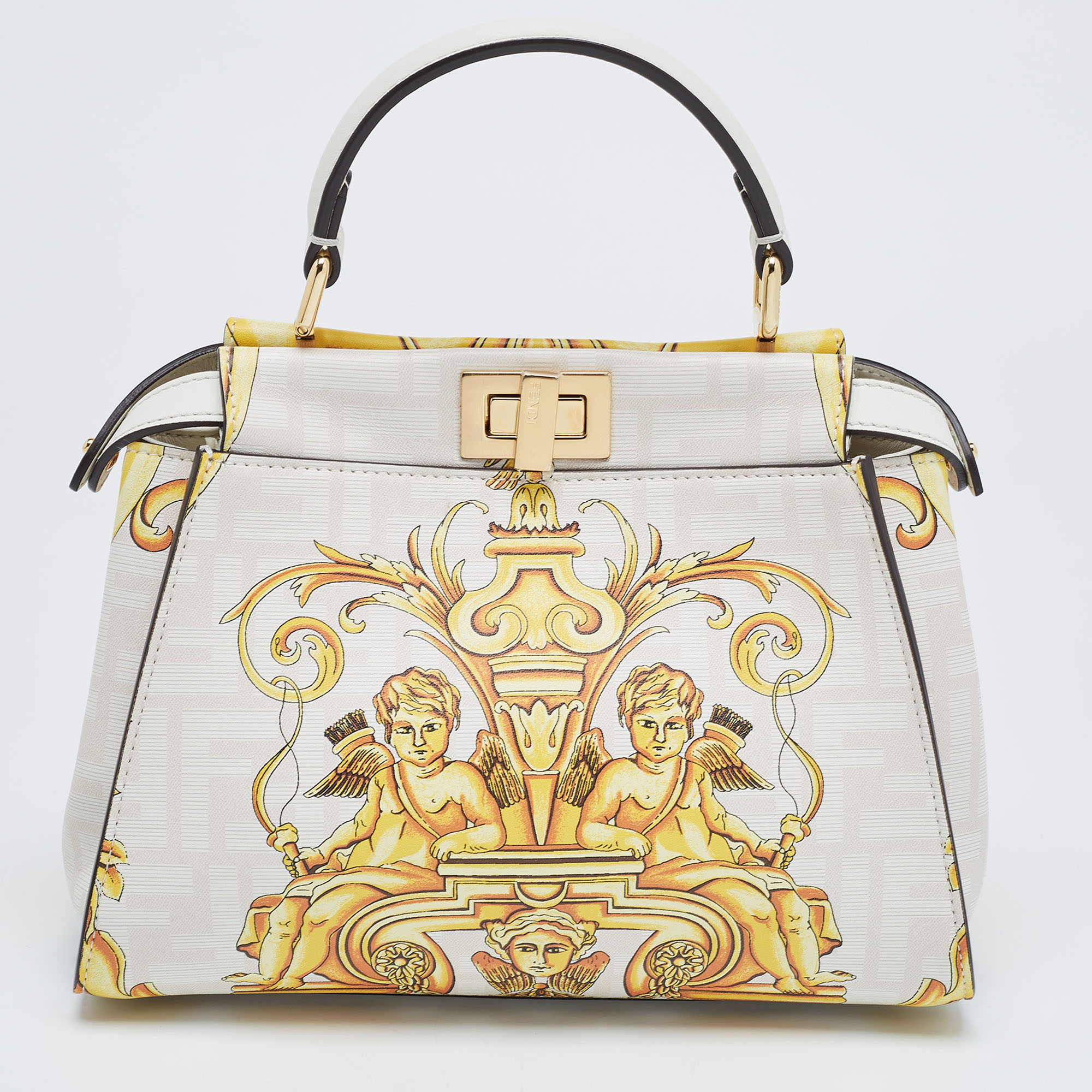 Fendi X Versace Yellow/White Zucca Baroque Print Leather Mini Fendace Peekaboo Top Handle Bag