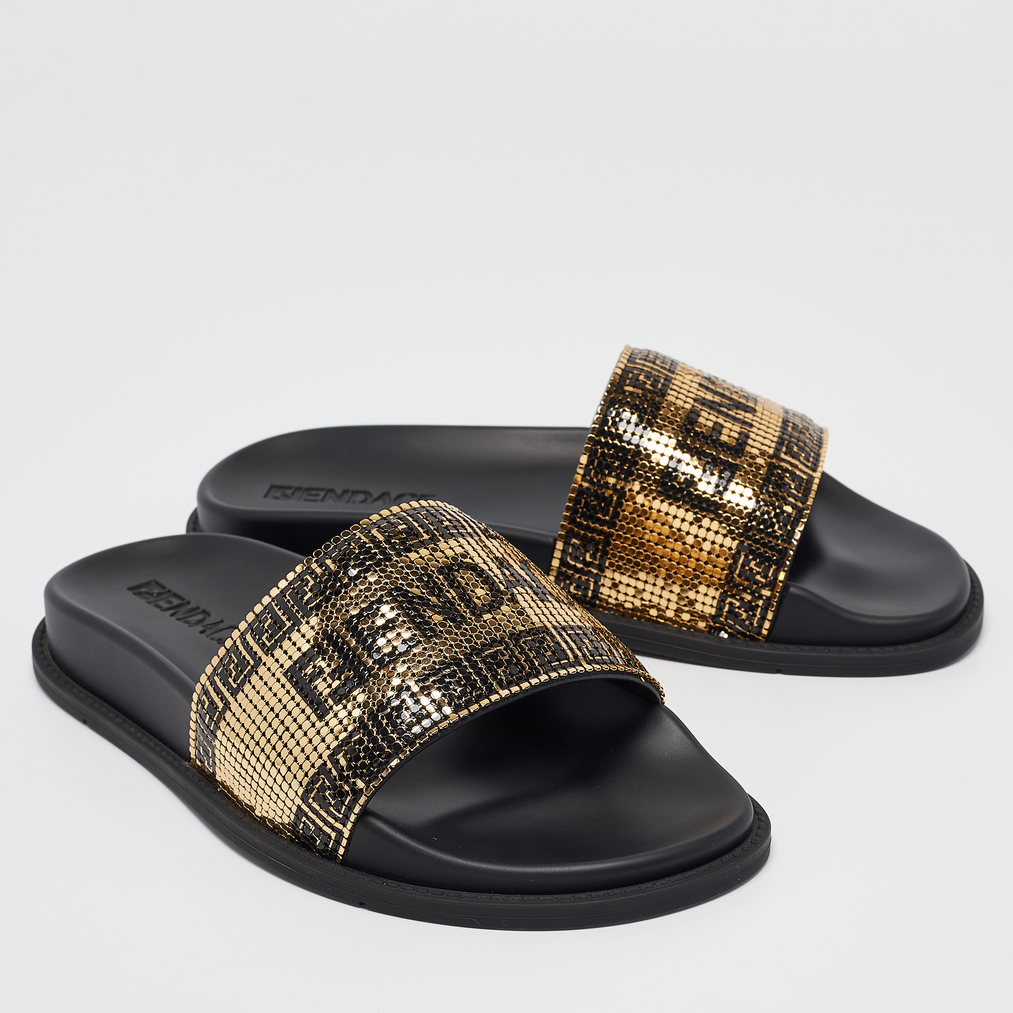 Fendi X Versace Gold/Black Metal Mesh Pool Slides Size 38