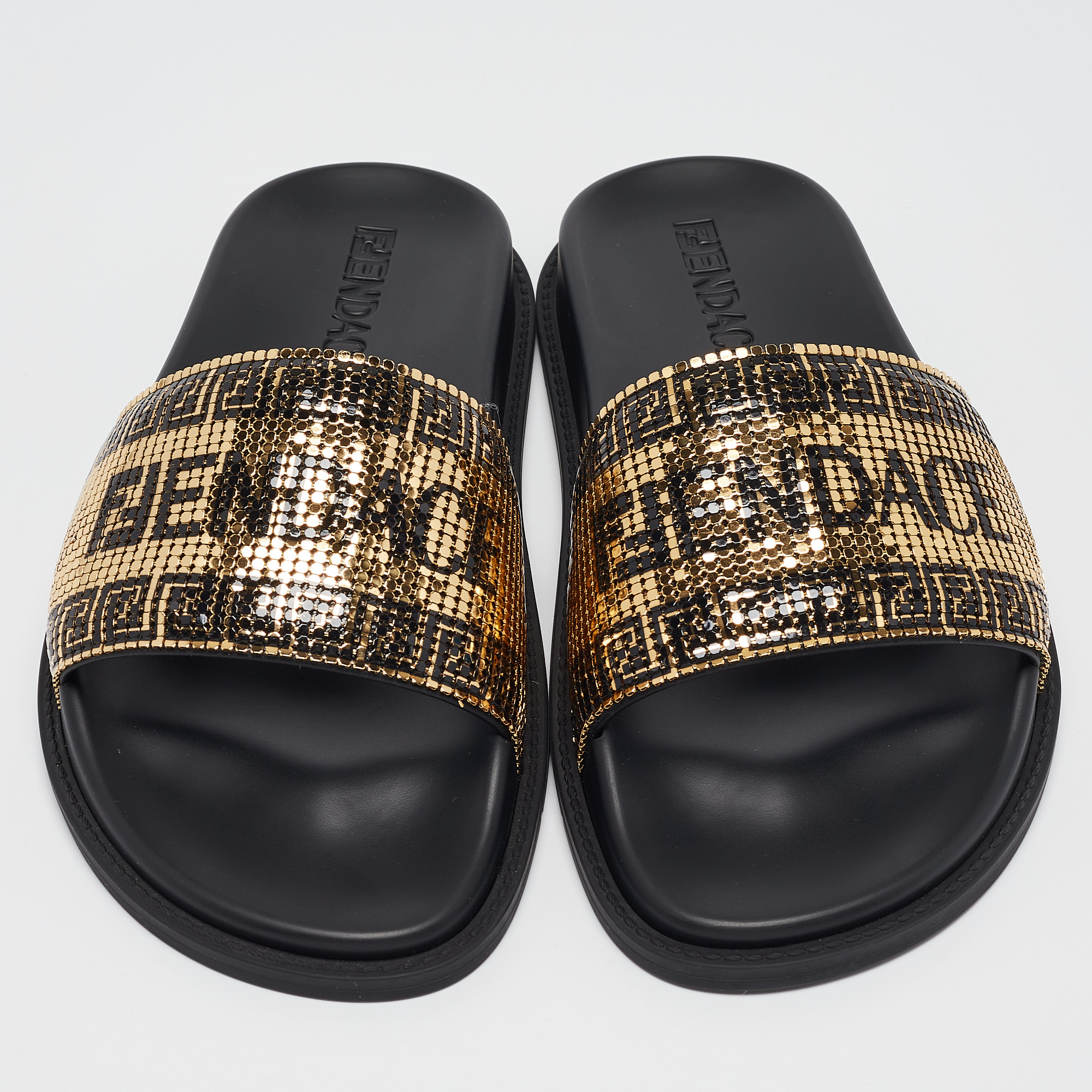 Fendi X Versace Gold/Black Metal Mesh Pool Slides Size 38