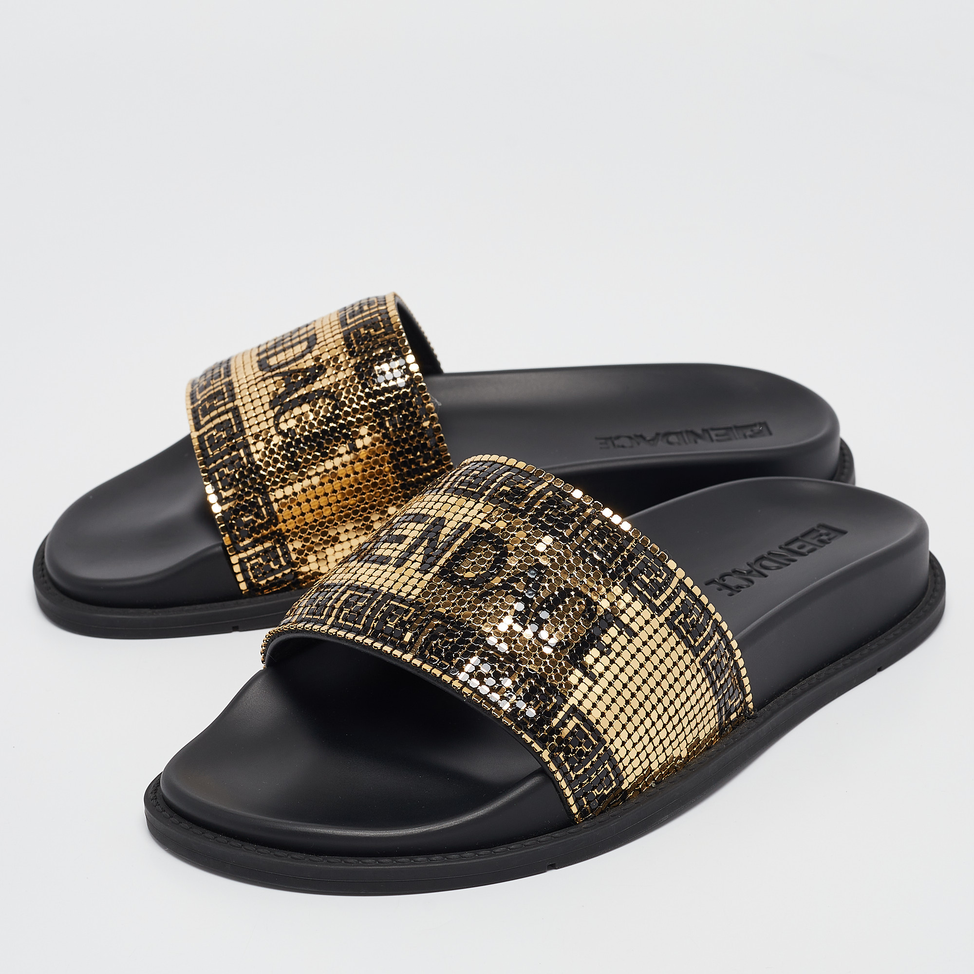 Fendi X Versace Gold/Black Metal Mesh Pool Slides Size 38