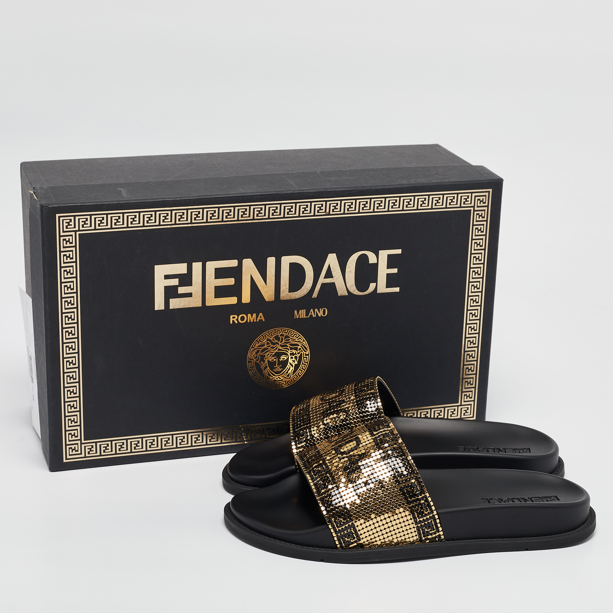 Fendi X Versace Gold/Black Metal Mesh Pool Slides Size 38