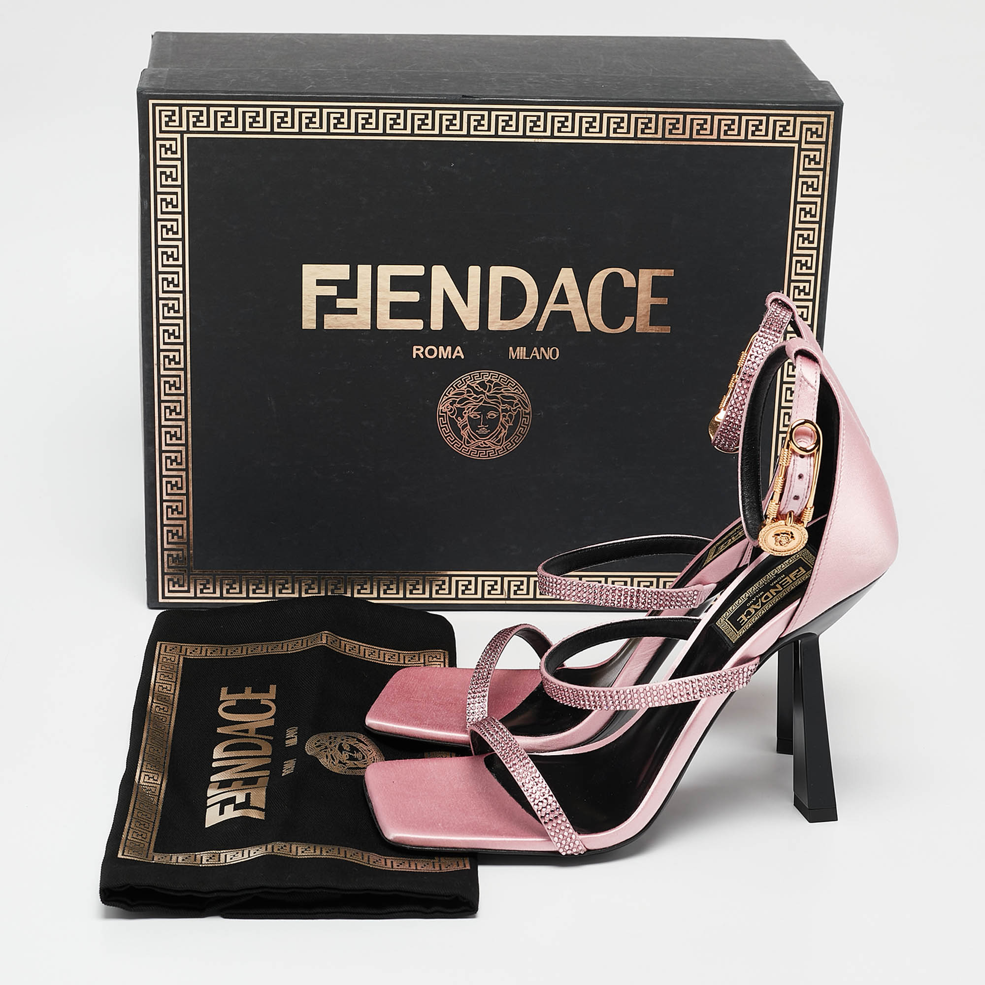 Fendi X Versace Pink Satin Crystal Embellished Ankle Strap Sandals Size 37.5