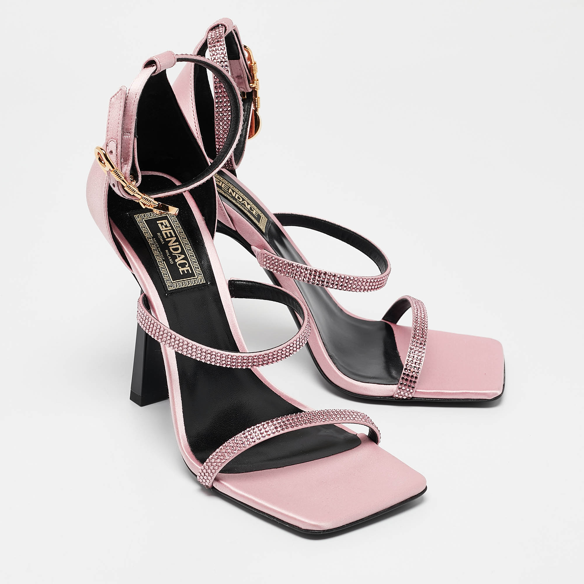 Fendi X Versace Pink Satin Crystal Embellished Ankle Strap Sandals Size 37.5