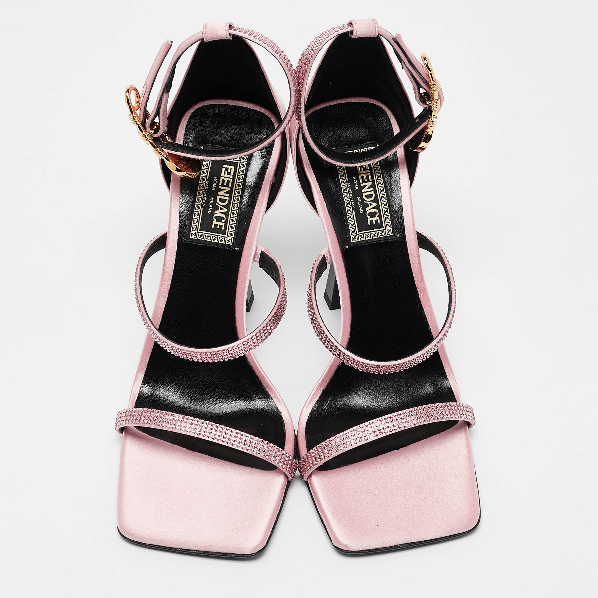 Fendi X Versace Pink Satin Crystal Embellished Ankle Strap Sandals Size 37.5