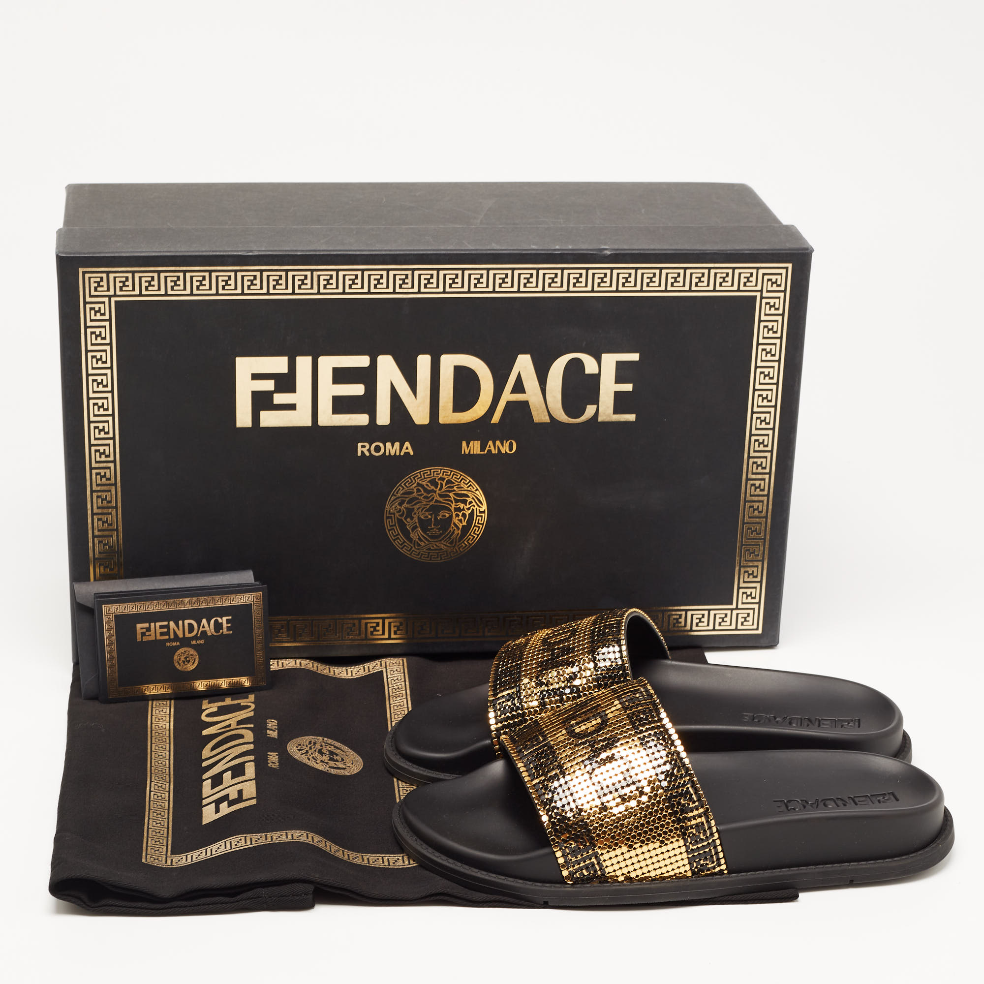 Fendi X Versace Gold/Black Metal And Rubber Flat Slides Size 36