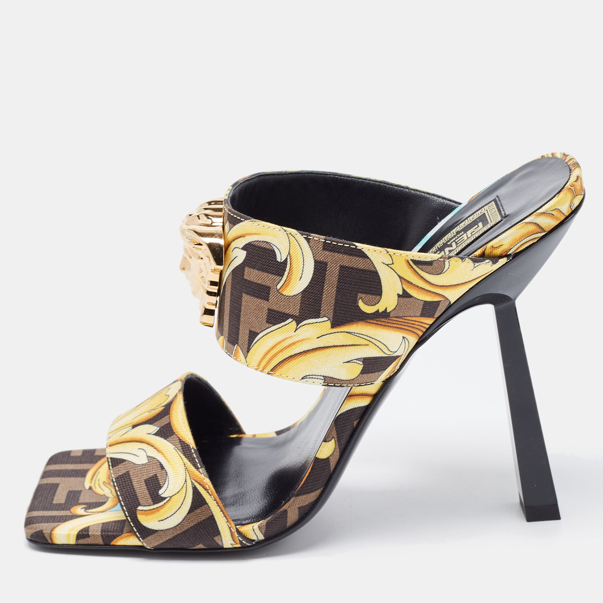 Fendi X Versace Yellow/Black Canvas Medusa Slides Size 38