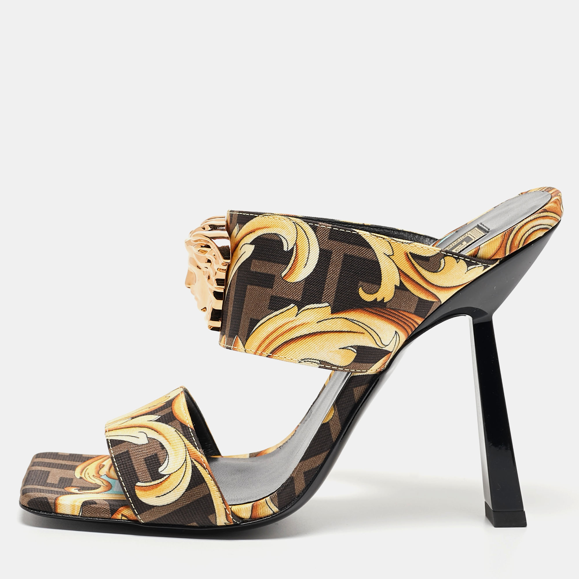 Fendi X Versace Black/Yellow Zucca Canvas Medusa Logo Slide Sandals Size 37