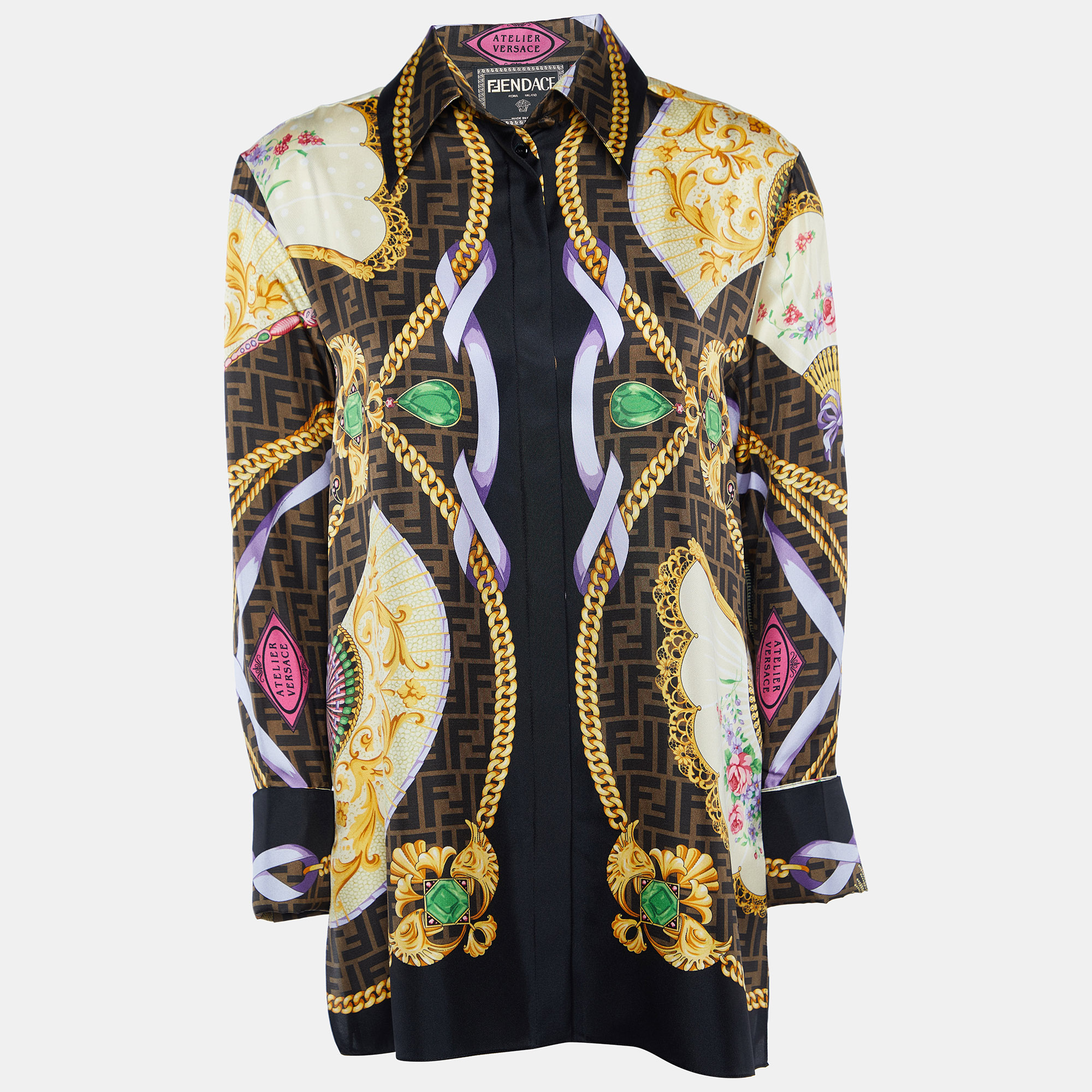 Fendi X Versace Brown/Multicolor Printed Silk Shirt S