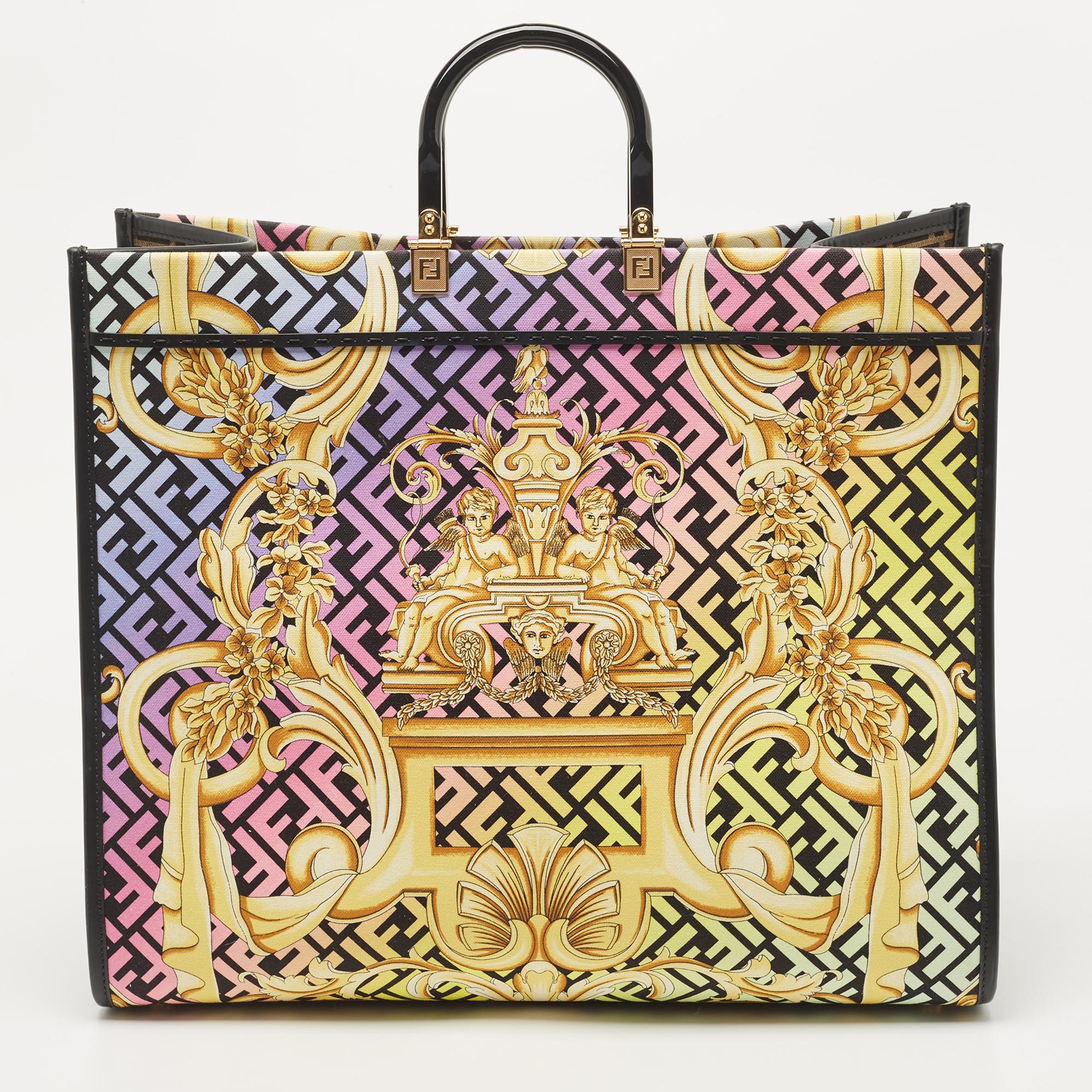 Fendi X Versace Multicolor Baroque Print Canvas And Leather Large Fendace Sunshine Tote