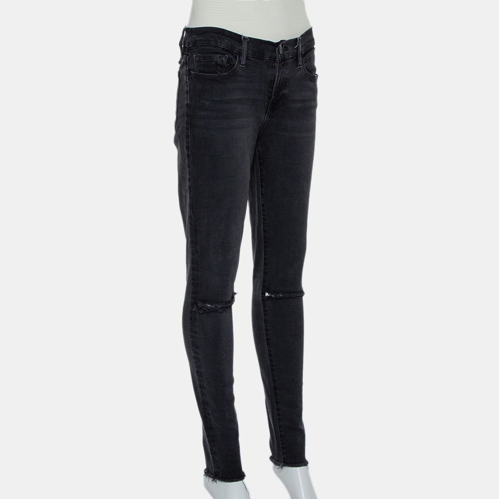 Frame Black Faded Denim Le Skinny De Jeanne Distressed Jeans M