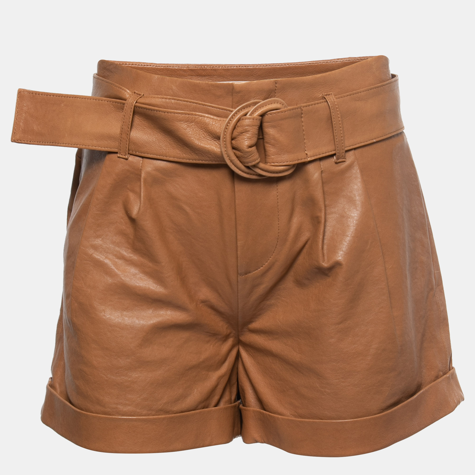Frame Brown Leather Belted Shorts S