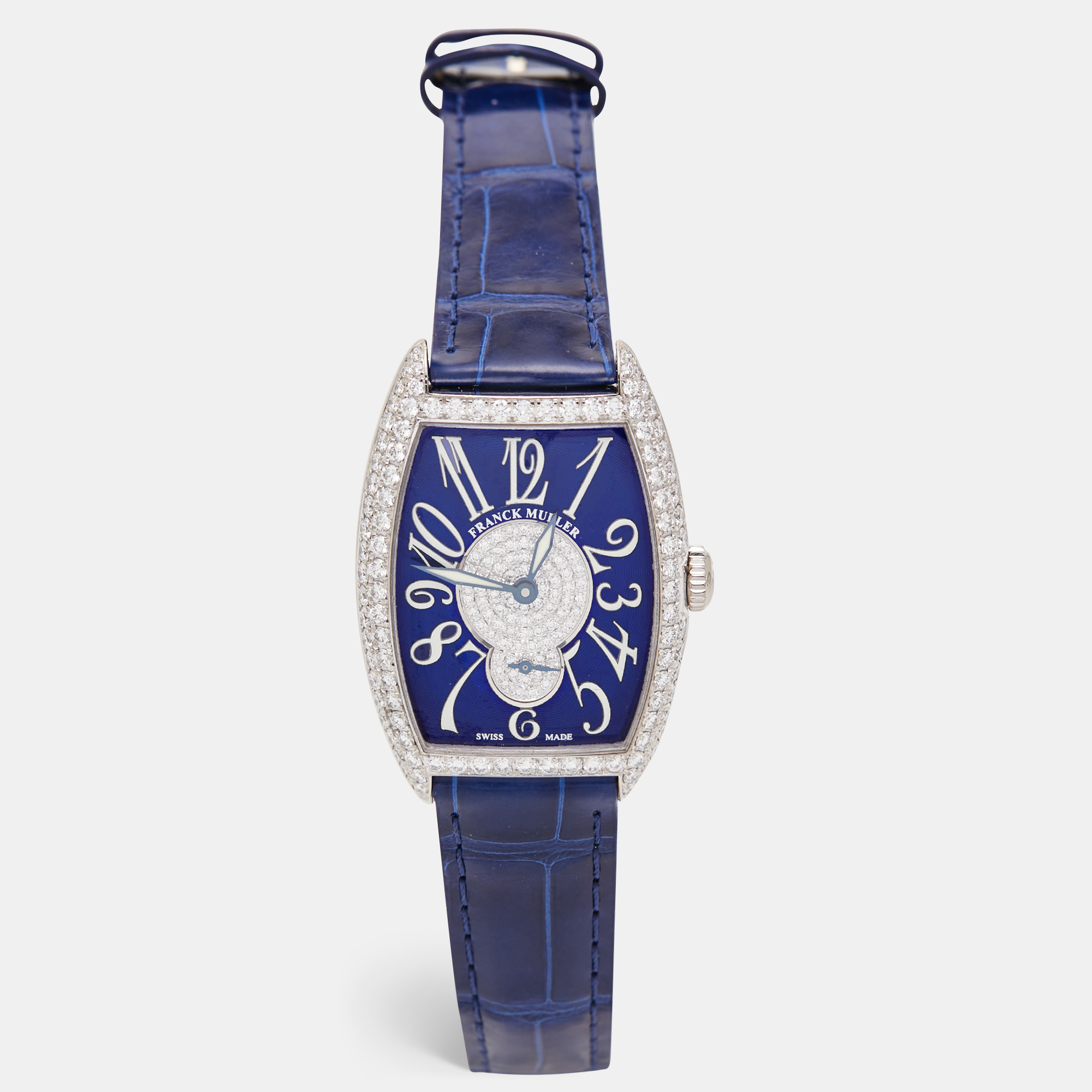 Franck muller blue diamond pave 18k white gold alligator leather cintree curvex 7500 s6 d cd women's wristwatch 29 mm