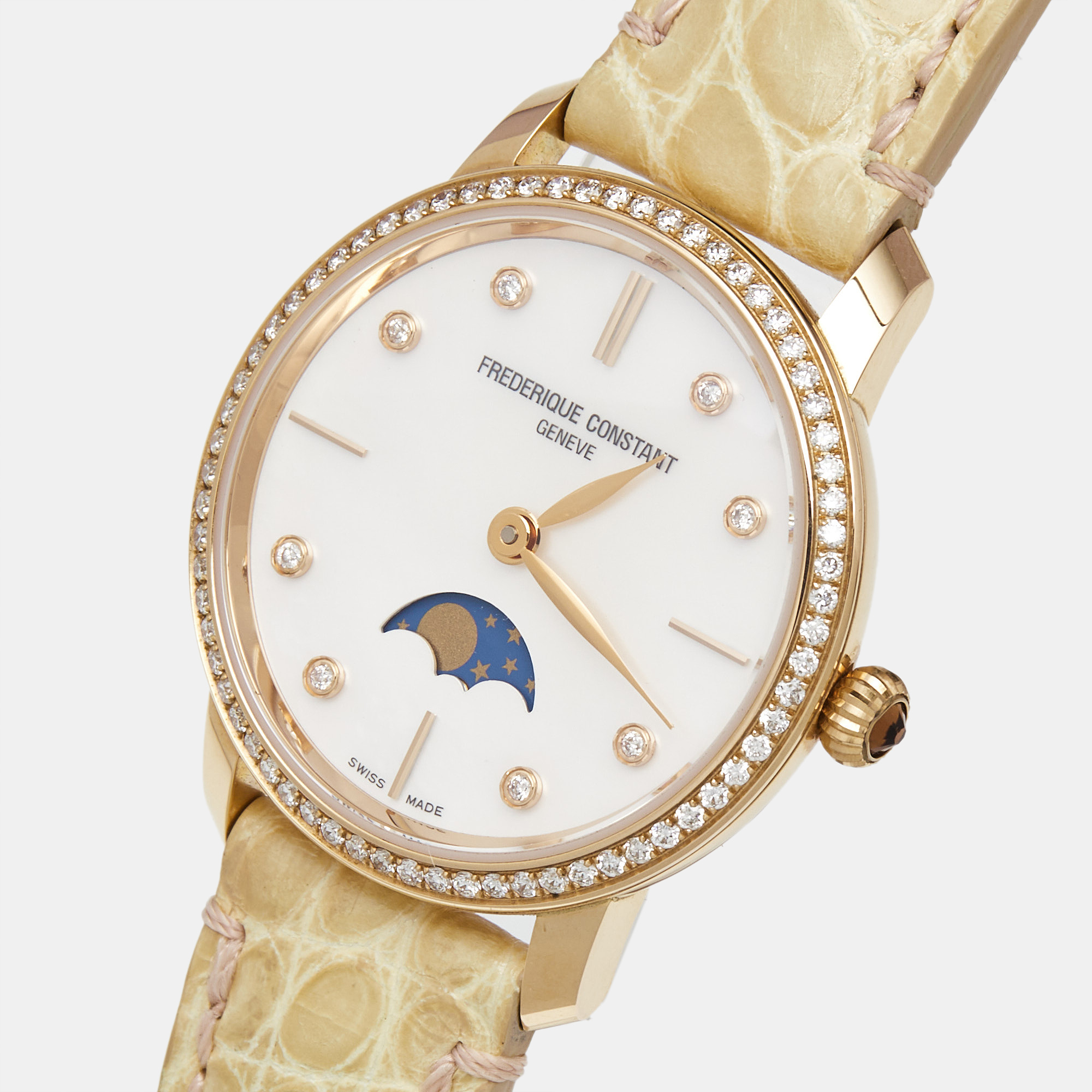 Frederique Constant White MOP Slimline Moonphase 18K Gold FC-206MPWD1SD9 Women's Wristwatch 30MM