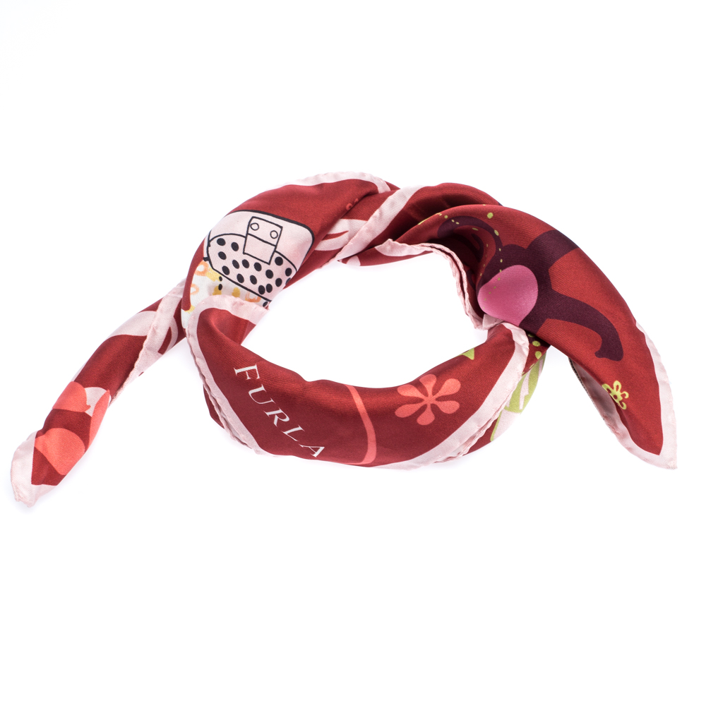 Image of Furla Dark Red Monkeys & Purses Print Square Silk Scarf