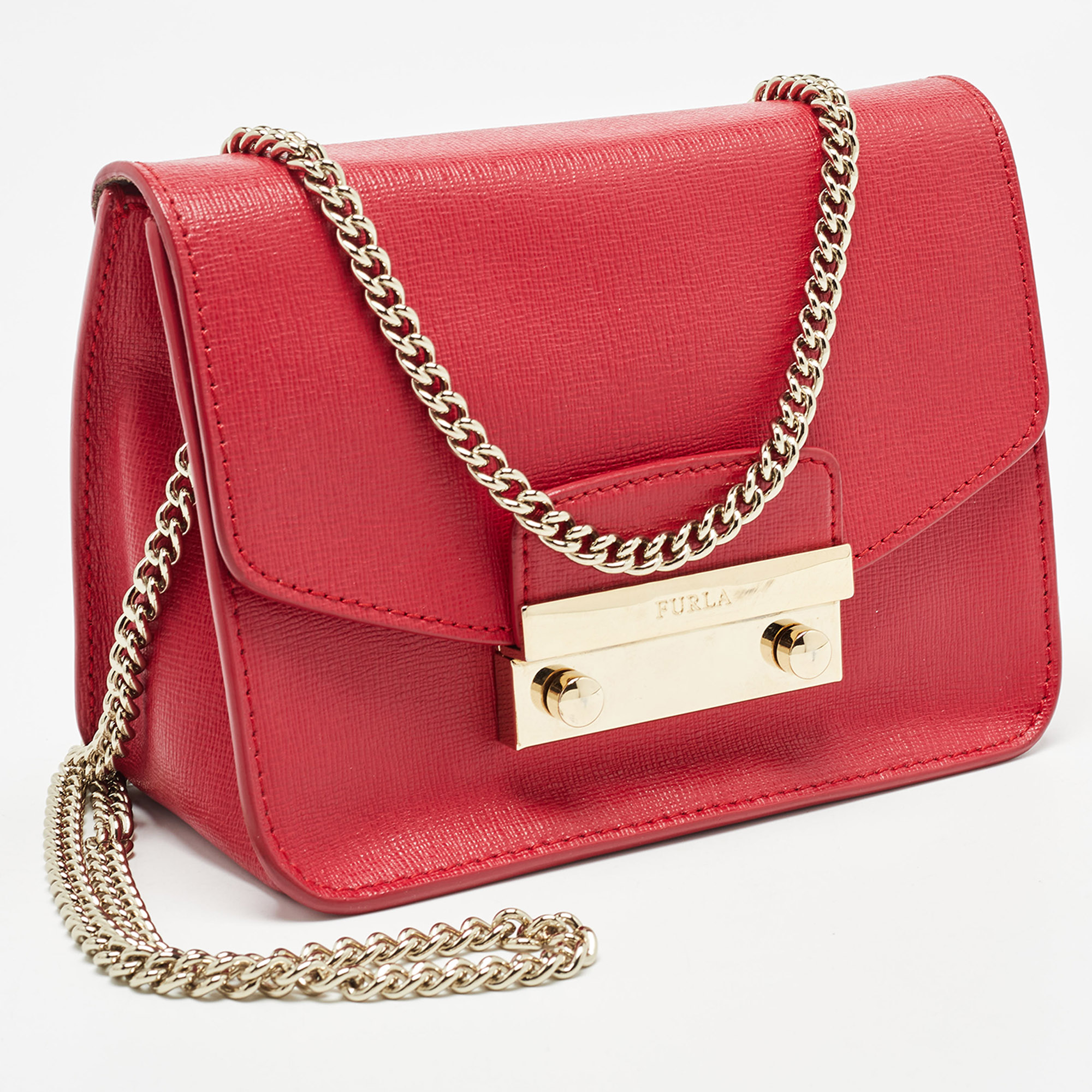 Furla Red Leather Mini Metropolis Chain Shoulder Bag