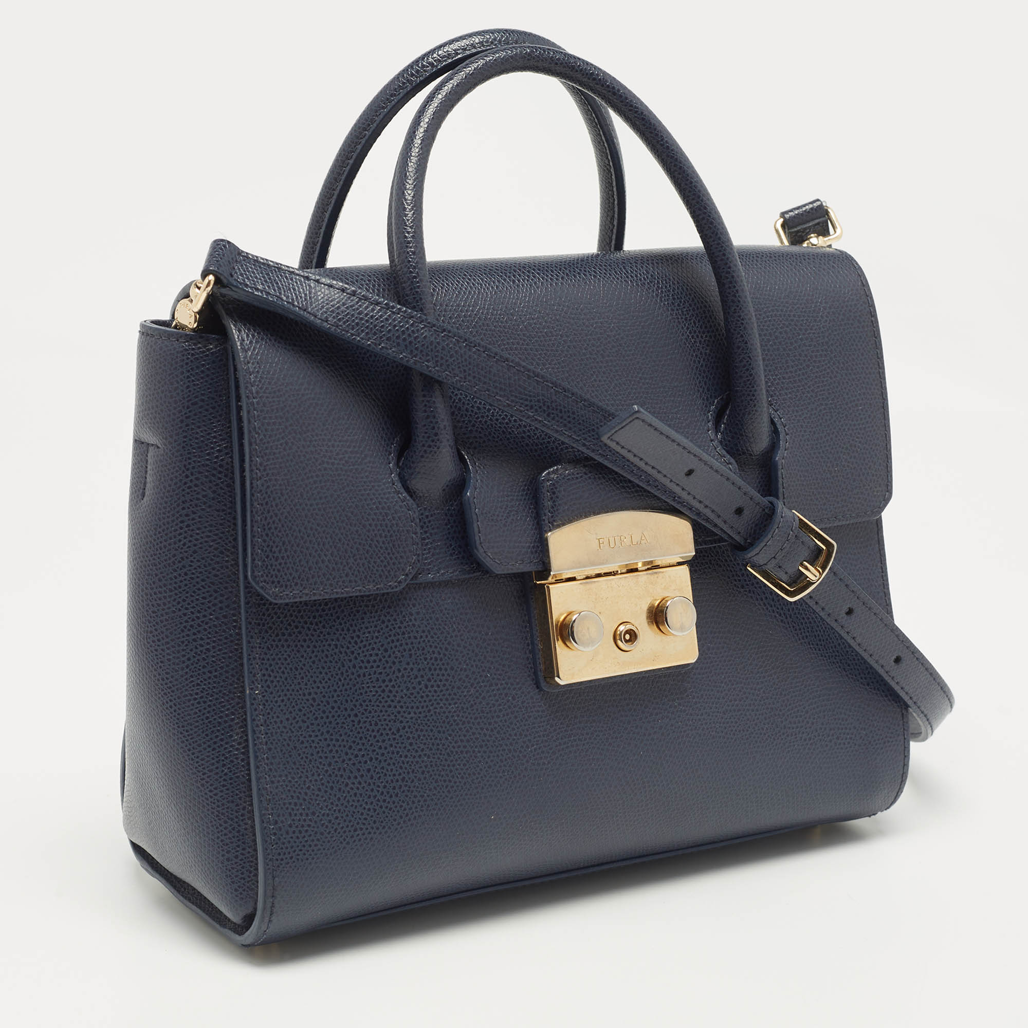 Furla Navy Blue Leather Small Metropolis Tote